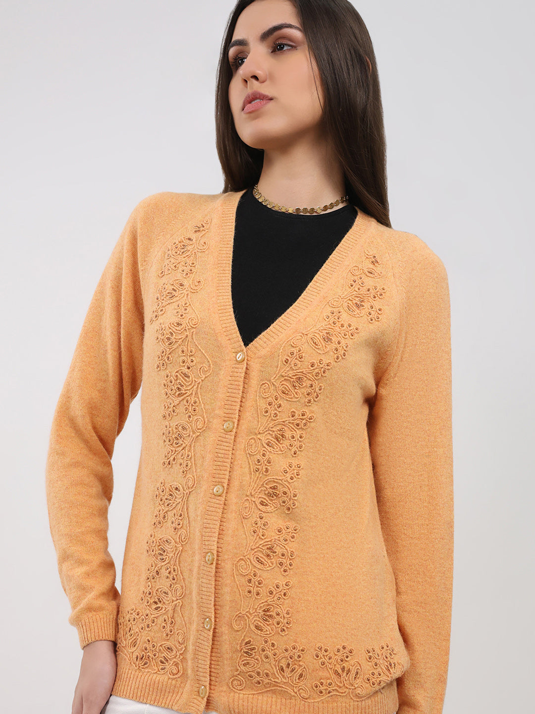 Women Peach Self Design V Neck Full Sleeve Cardigan