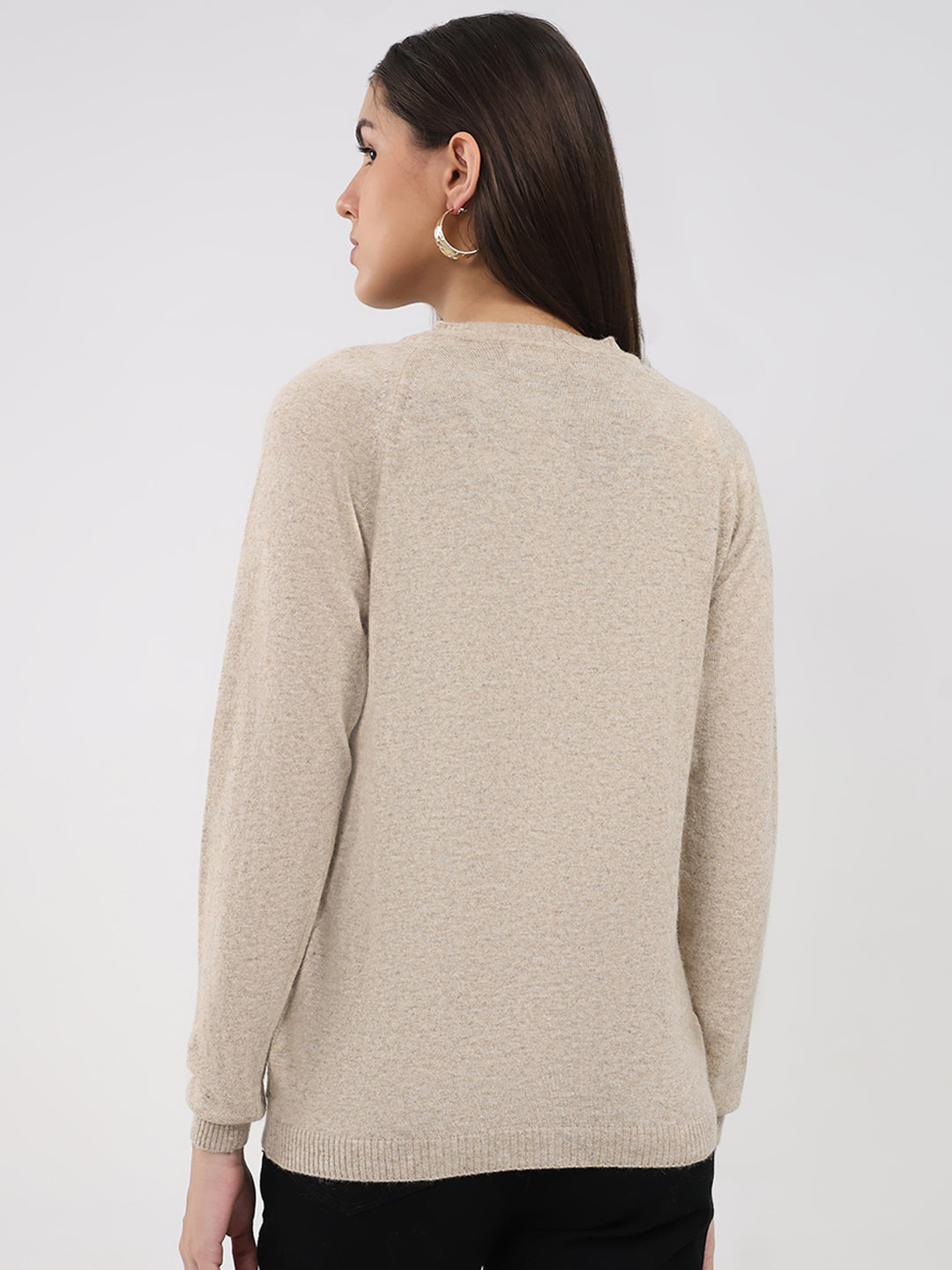 Women Beige Self Design V Neck Full Sleeve Cardigan