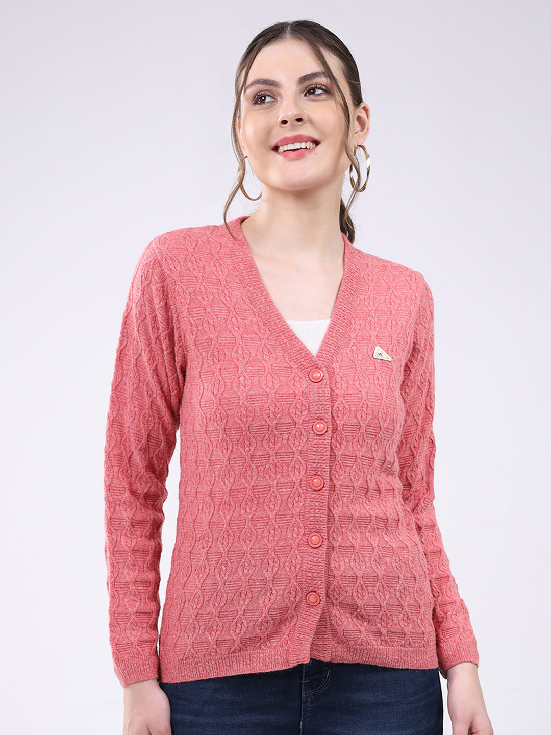 Women Pink Self Design V Neck Full Sleeve Cardigan