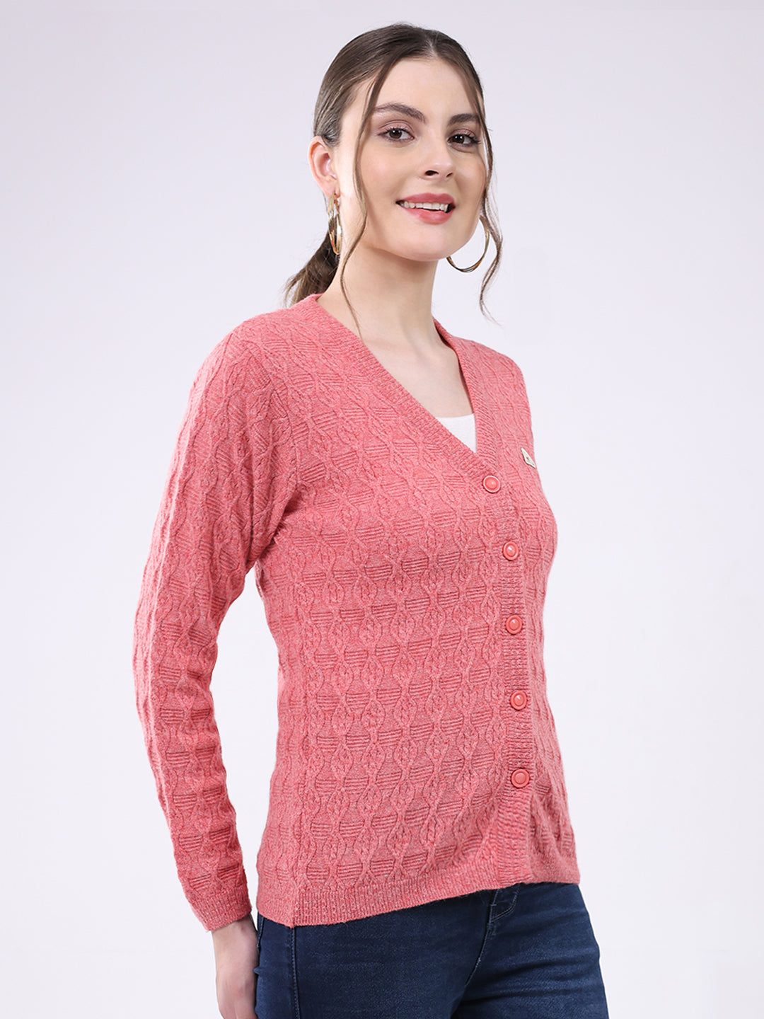 Women Pink Self Design V Neck Full Sleeve Cardigan