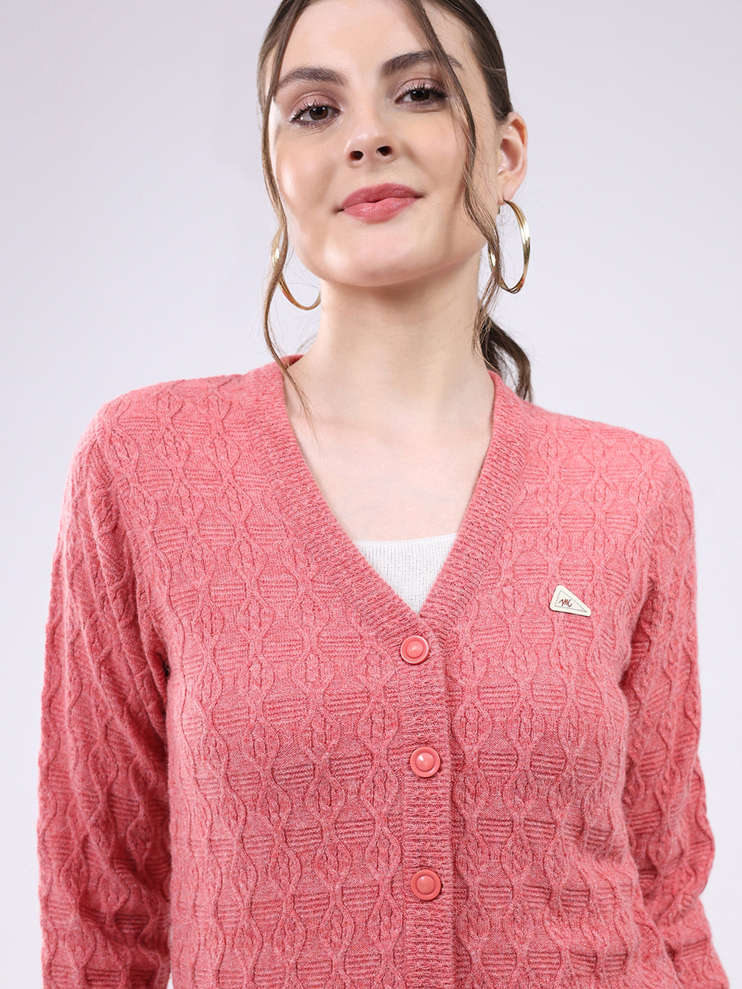 Women Pink Self Design V Neck Full Sleeve Cardigan