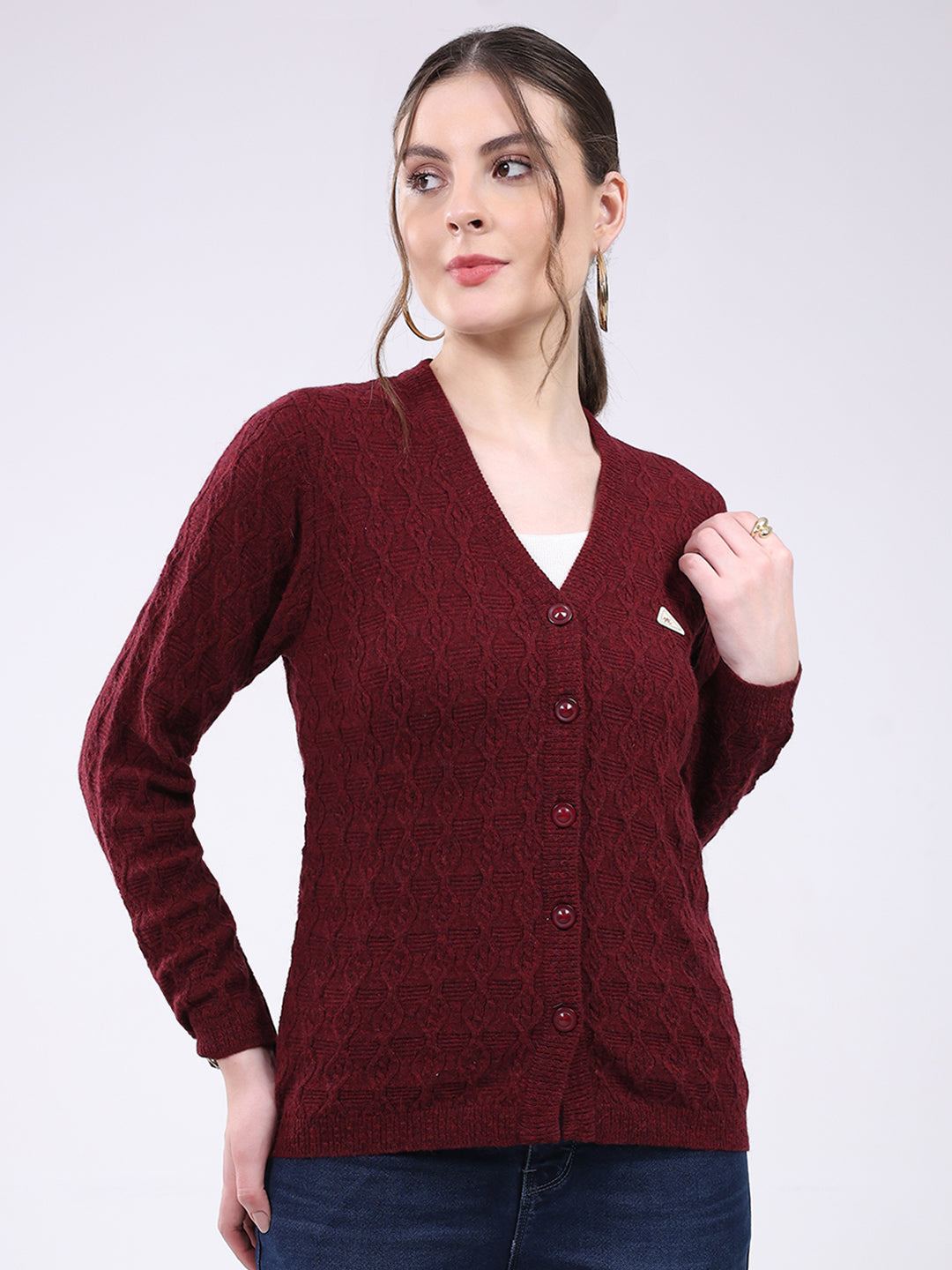 Women Maroon Self Design V Neck Full Sleeve Cardigan
