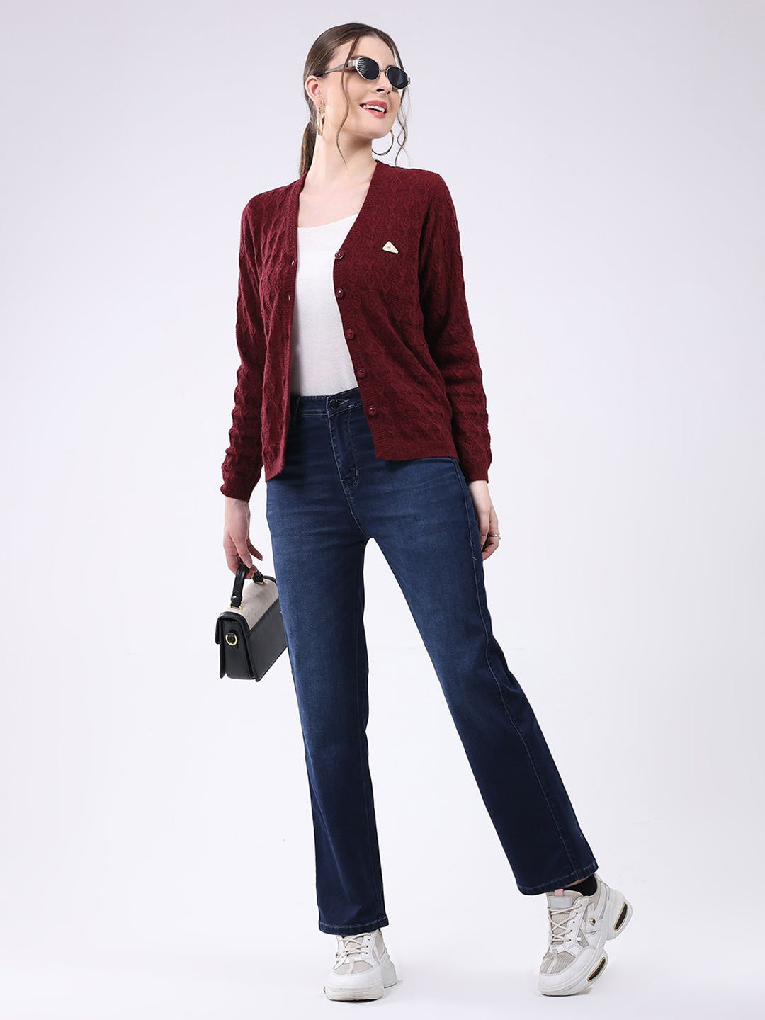 Women Maroon Self Design V Neck Full Sleeve Cardigan