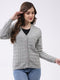 Women Light Grey Self Design V Neck Full Sleeve Cardigan