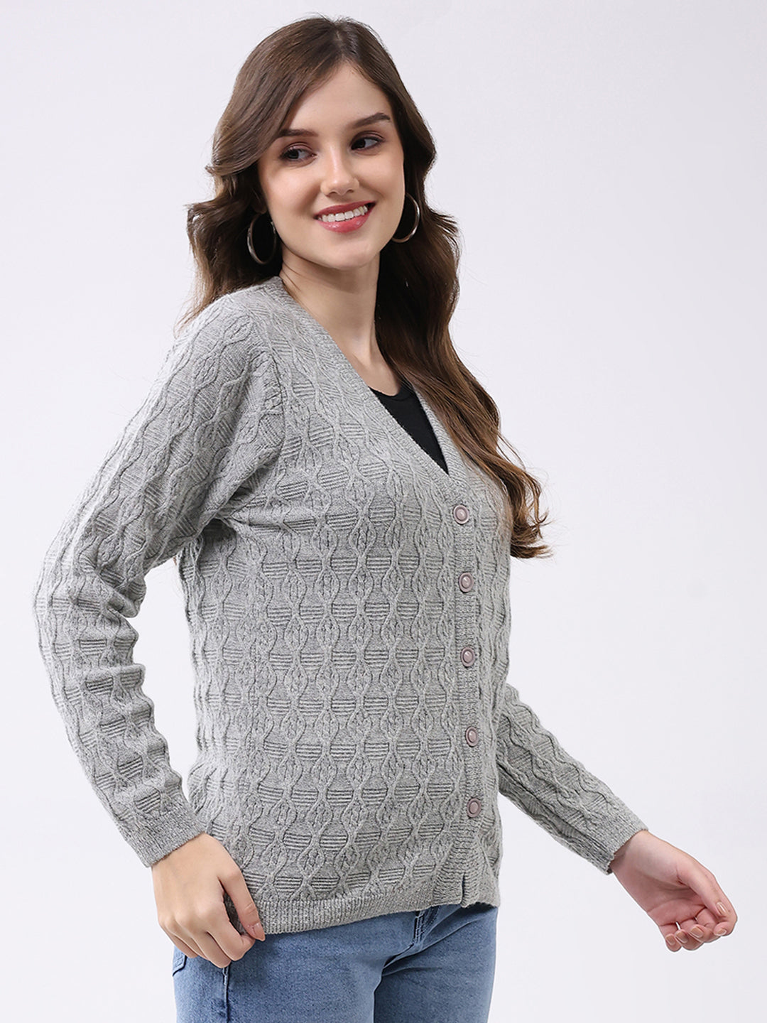 Women Light Grey Self Design V Neck Full Sleeve Cardigan