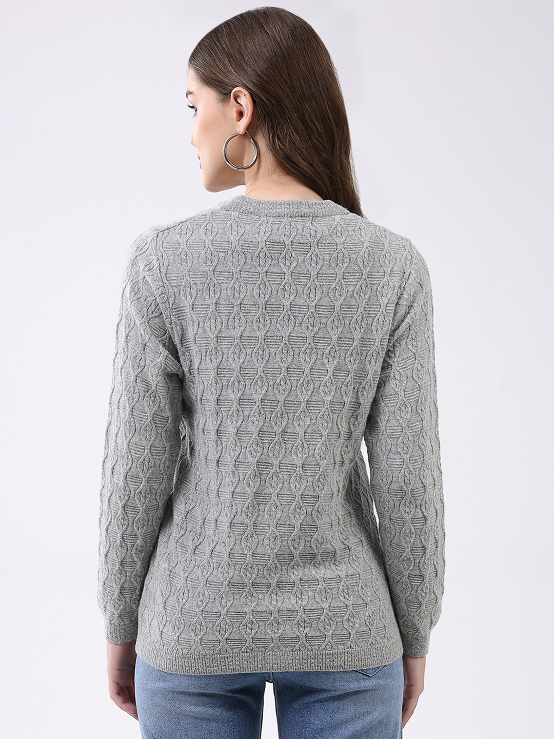 Women Light Grey Self Design V Neck Full Sleeve Cardigan