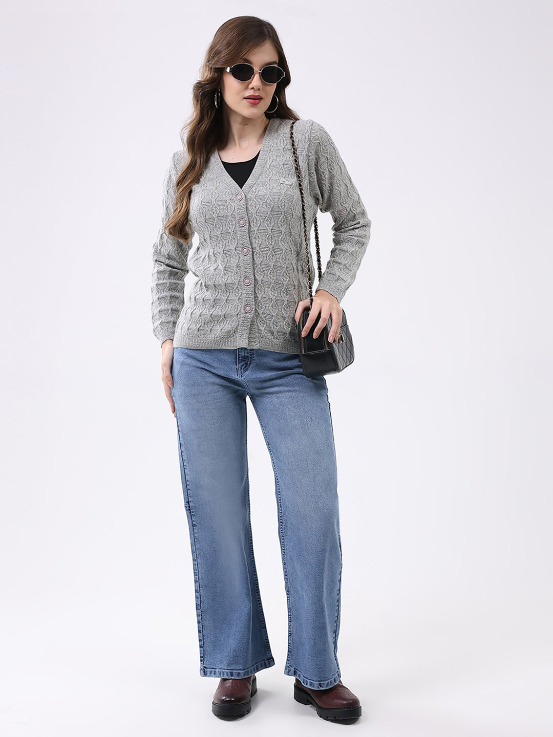 Women Light Grey Self Design V Neck Full Sleeve Cardigan