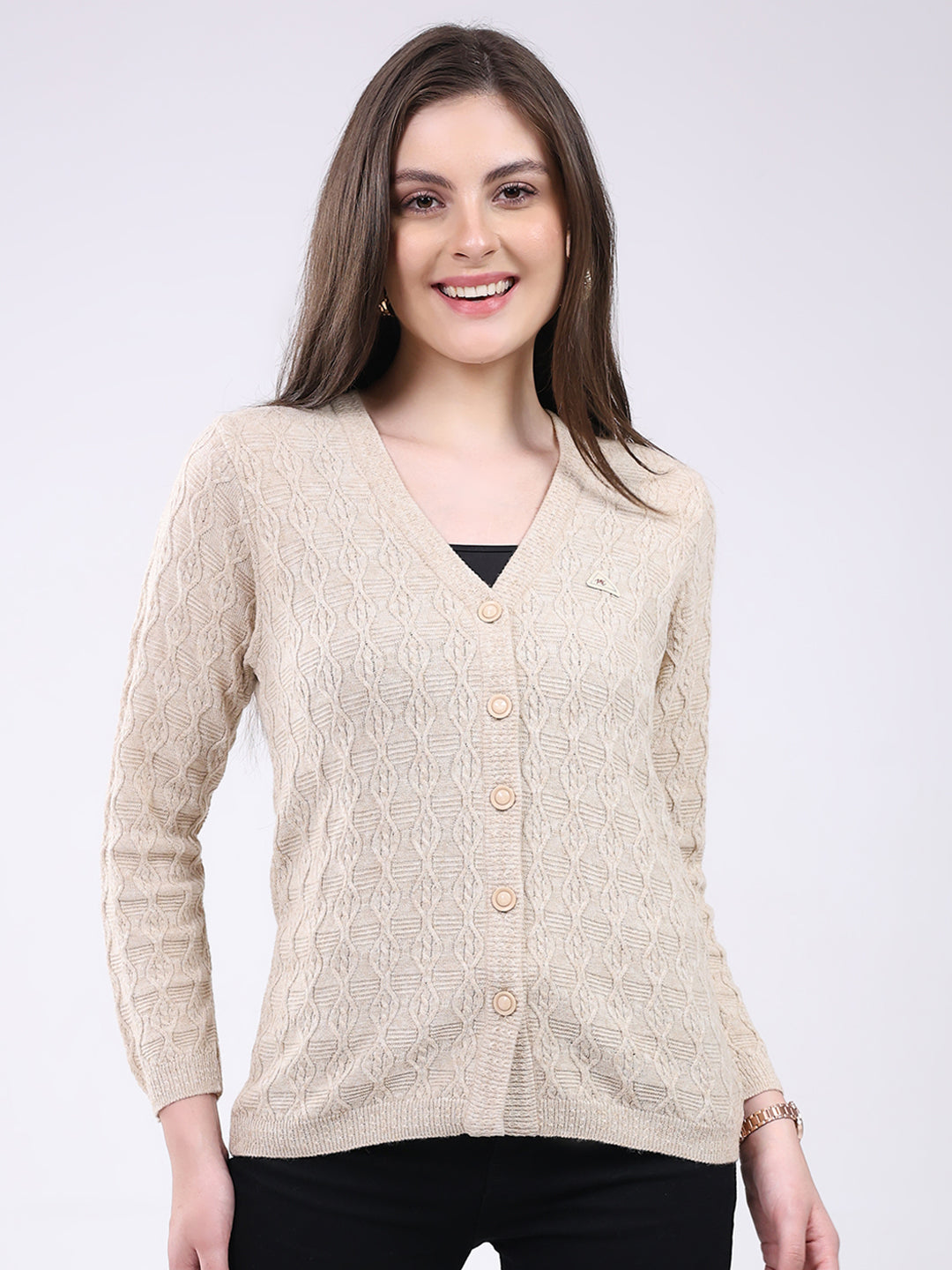 Women Beige Self Design V Neck Full Sleeve Cardigan