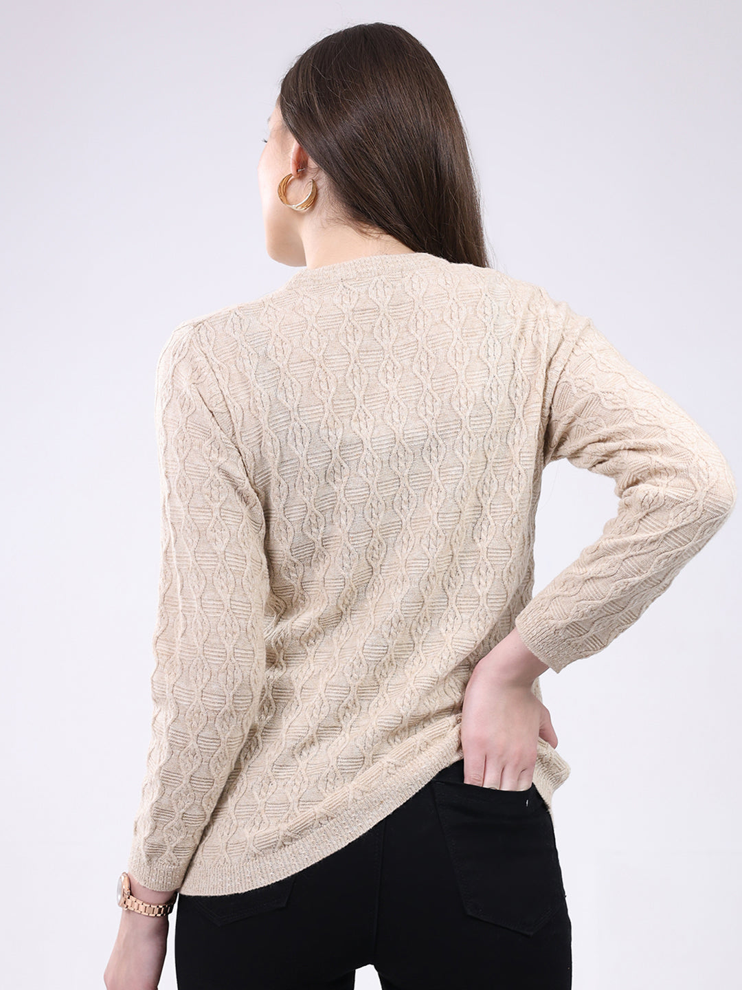 Women Beige Self Design V Neck Full Sleeve Cardigan
