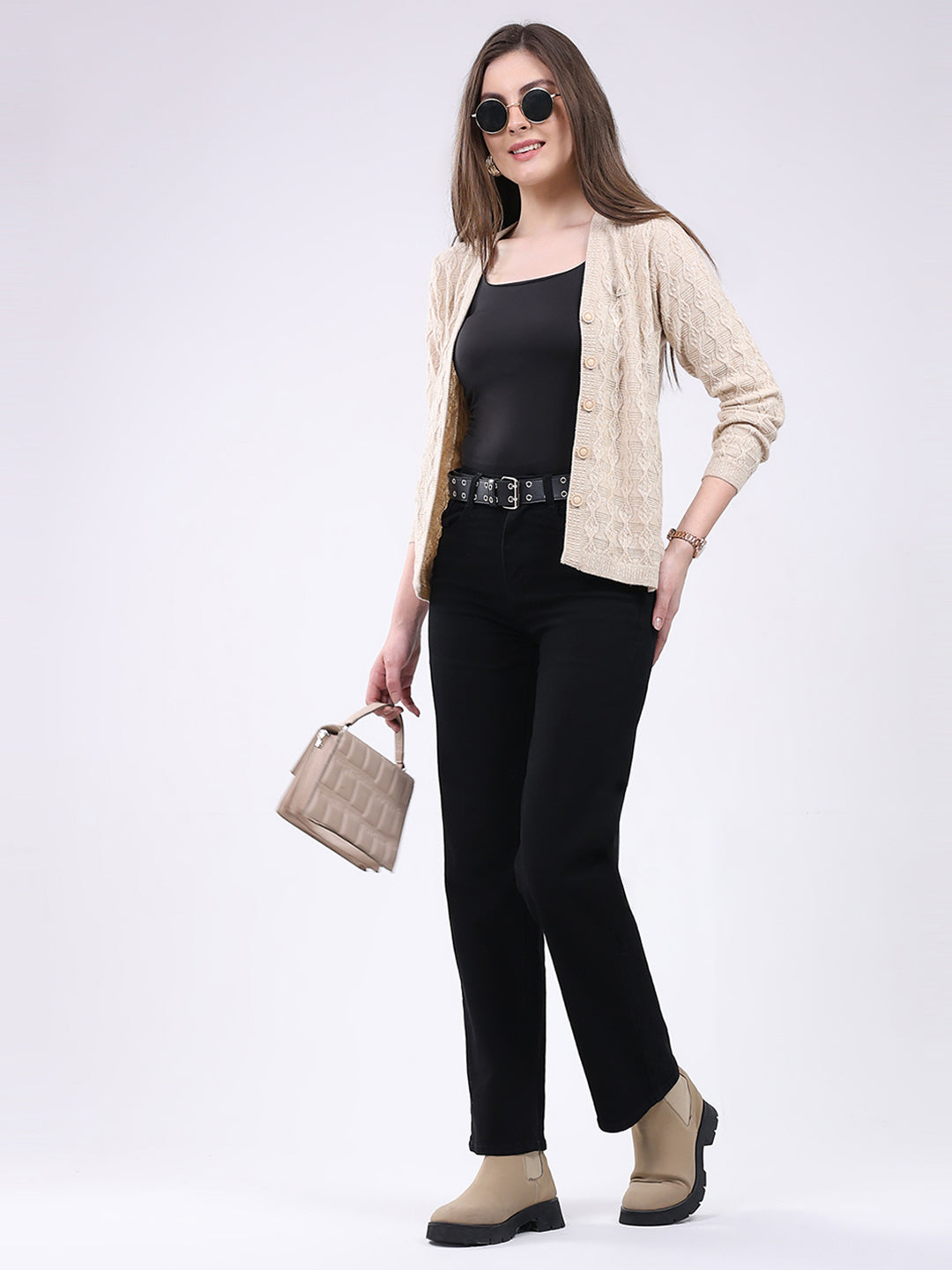 Women Beige Self Design V Neck Full Sleeve Cardigan