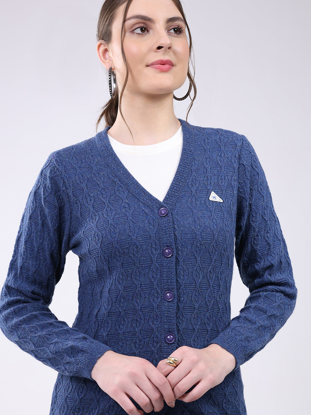 Women Blue Self Design V Neck Full Sleeve Cardigan