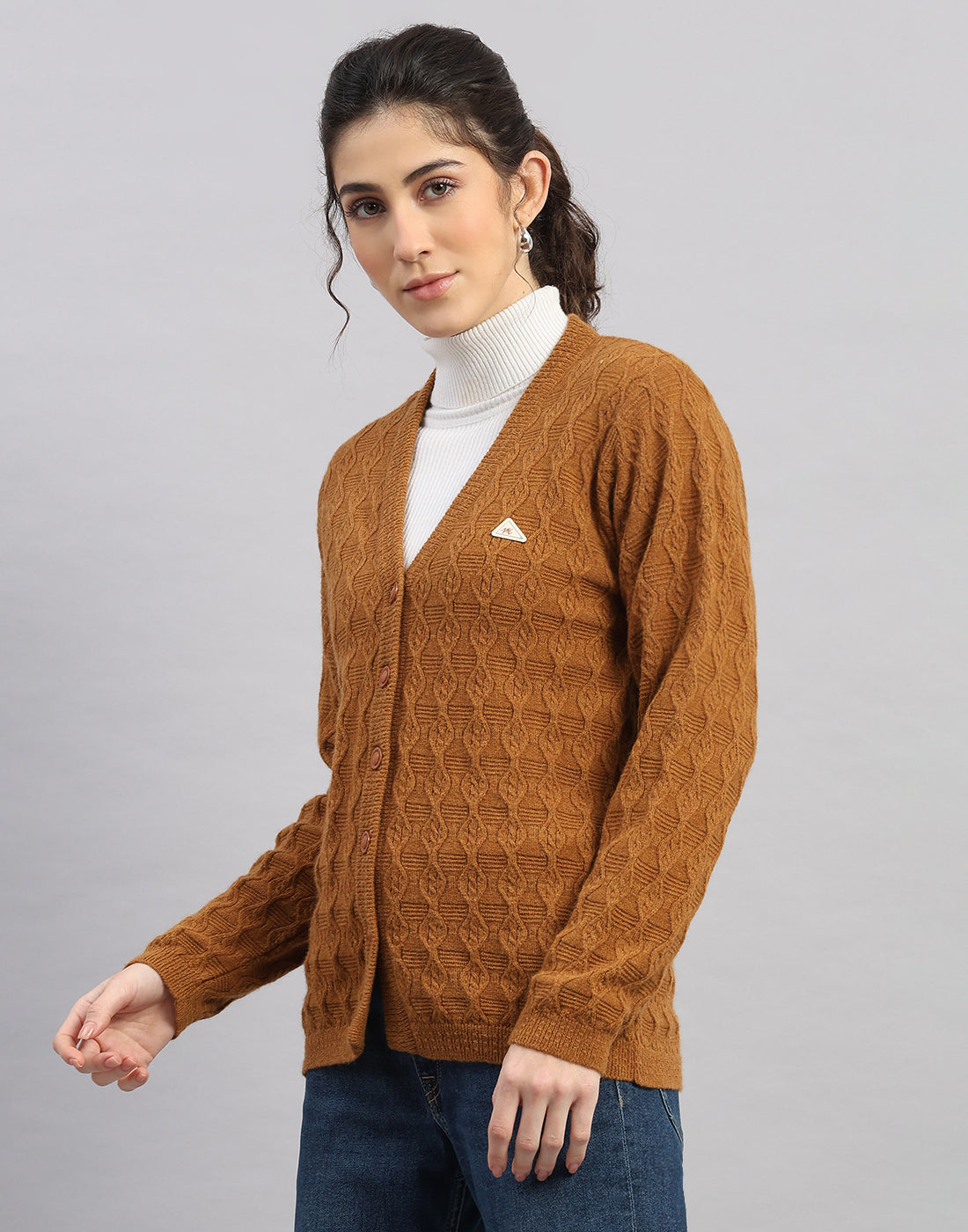 Women Rust Self Design V Neck Full Sleeve Cardigan