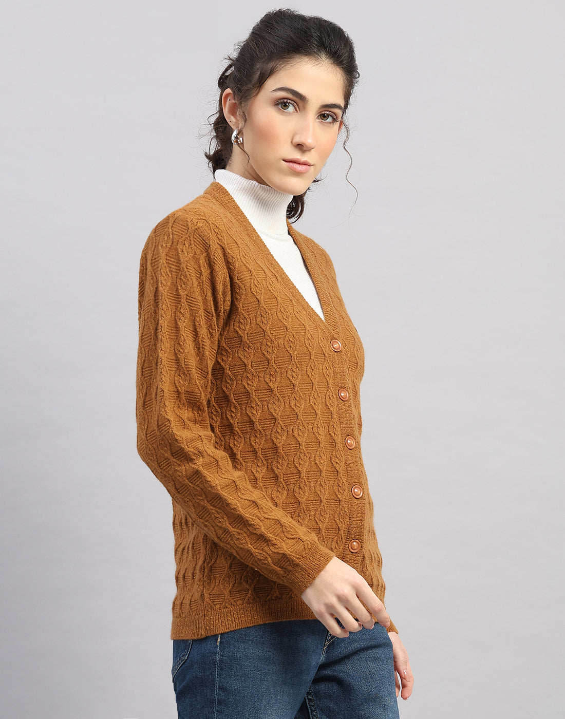 Women Rust Self Design V Neck Full Sleeve Cardigan