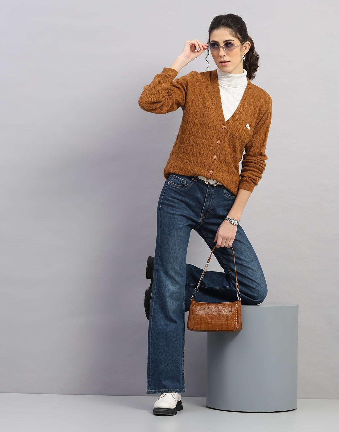 Women Rust Self Design V Neck Full Sleeve Cardigan
