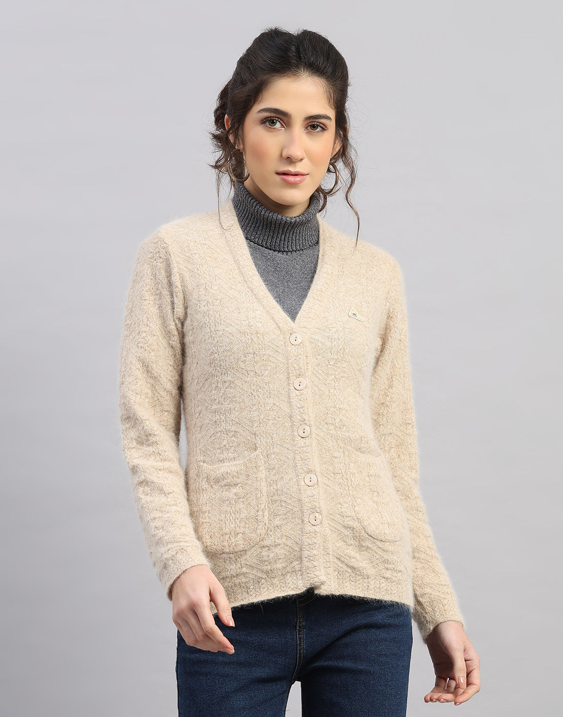 Women Brown Self Design V Neck Full Sleeve Cardigan