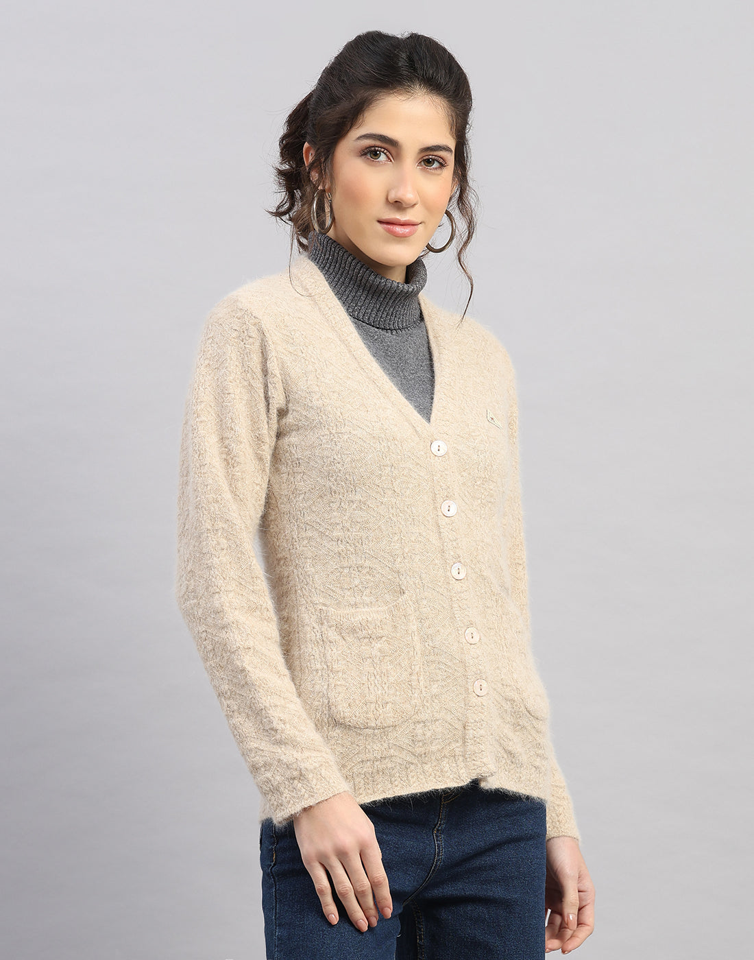Women Brown Self Design V Neck Full Sleeve Cardigan