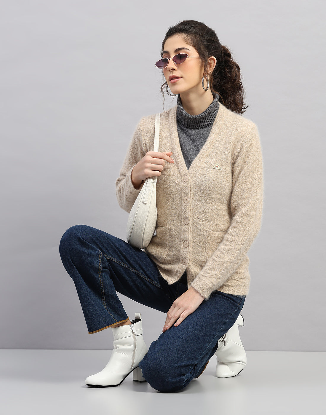 Women Brown Self Design V Neck Full Sleeve Cardigan