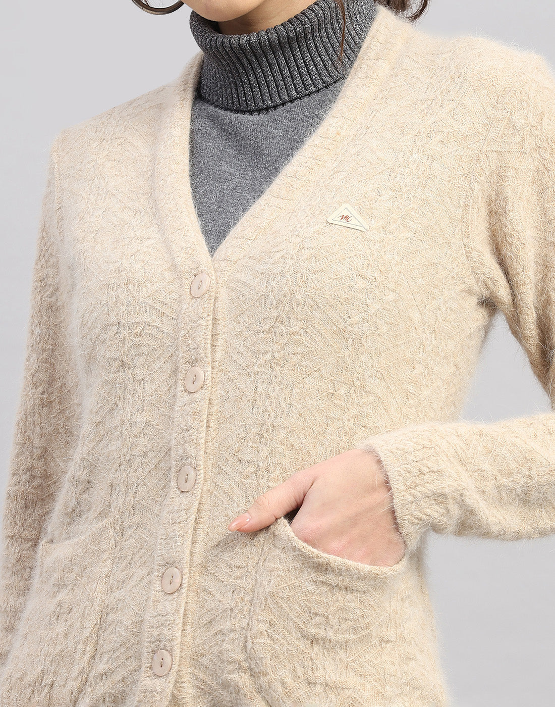 Women Brown Self Design V Neck Full Sleeve Cardigan