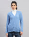 Women Light Blue Self Design V Neck Full Sleeve Cardigan