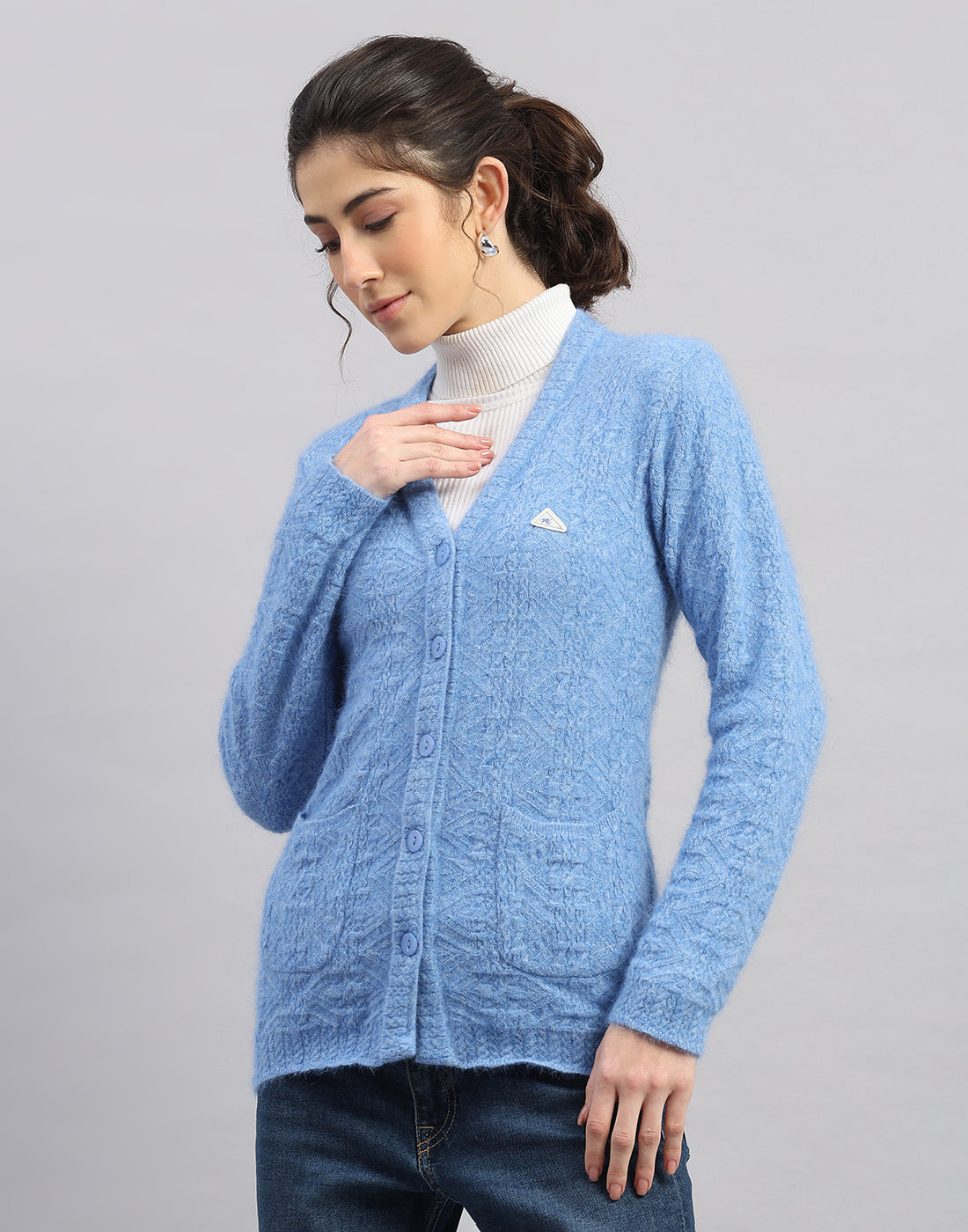 Women Light Blue Self Design V Neck Full Sleeve Cardigan