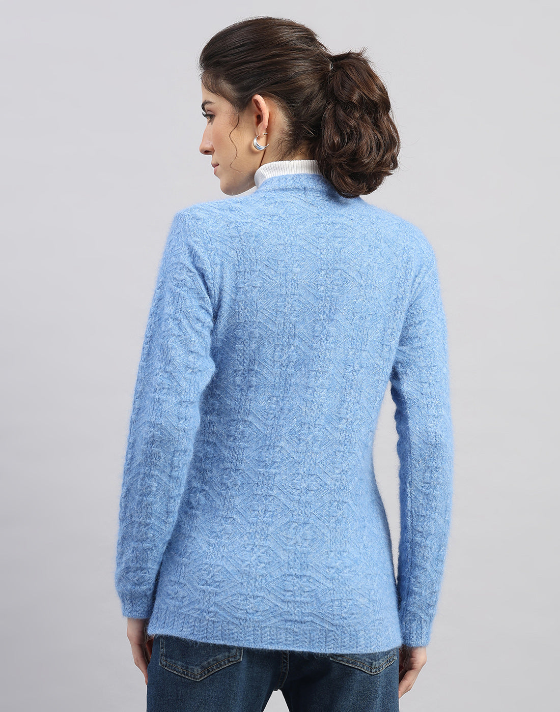 Women Light Blue Self Design V Neck Full Sleeve Cardigan