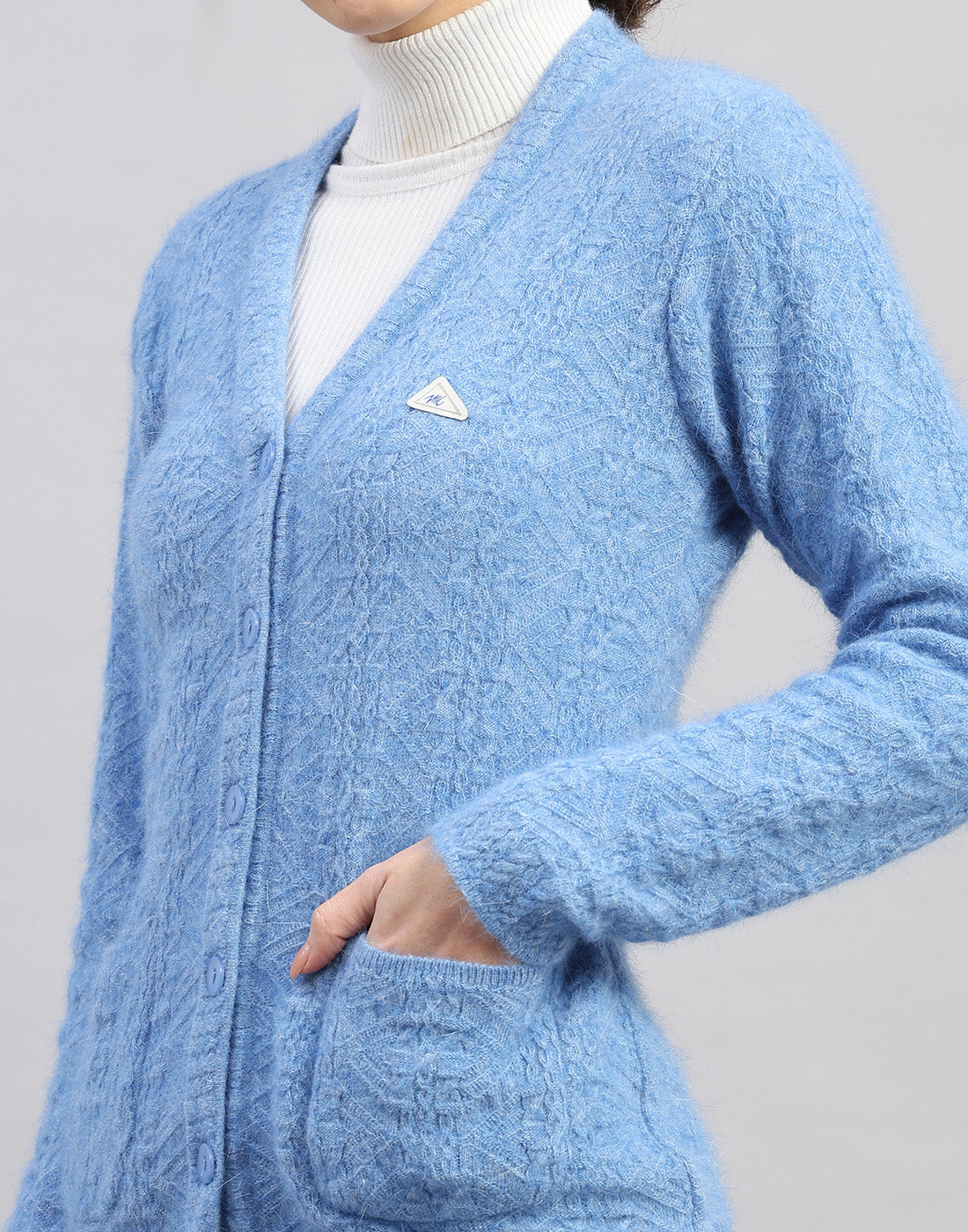 Women Light Blue Self Design V Neck Full Sleeve Cardigan
