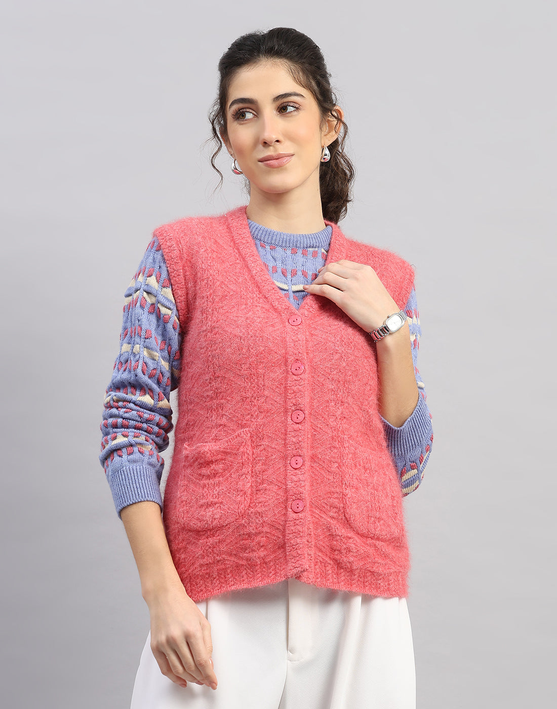 Women Pink Self Design V Neck Sleeveless Cardigan