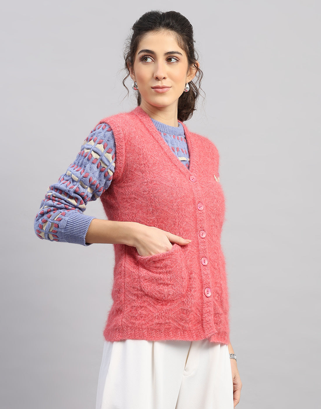 Women Pink Self Design V Neck Sleeveless Cardigan