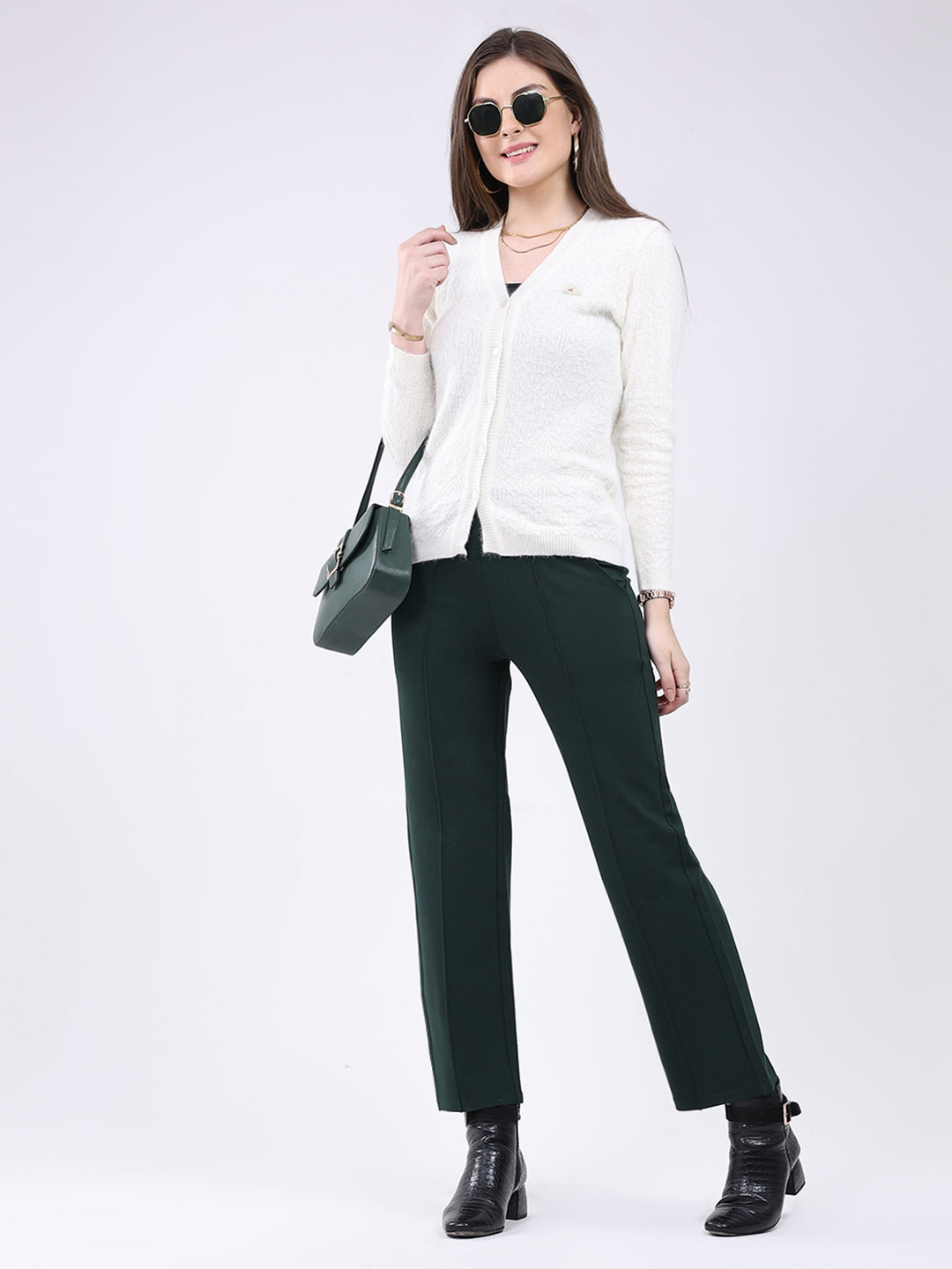 Women Off White Self Design V Neck Full Sleeve Cardigan