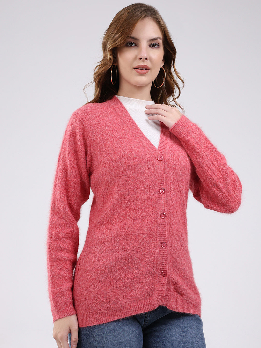 Women Rose Pink Self Design V Neck Full Sleeve Cardigan