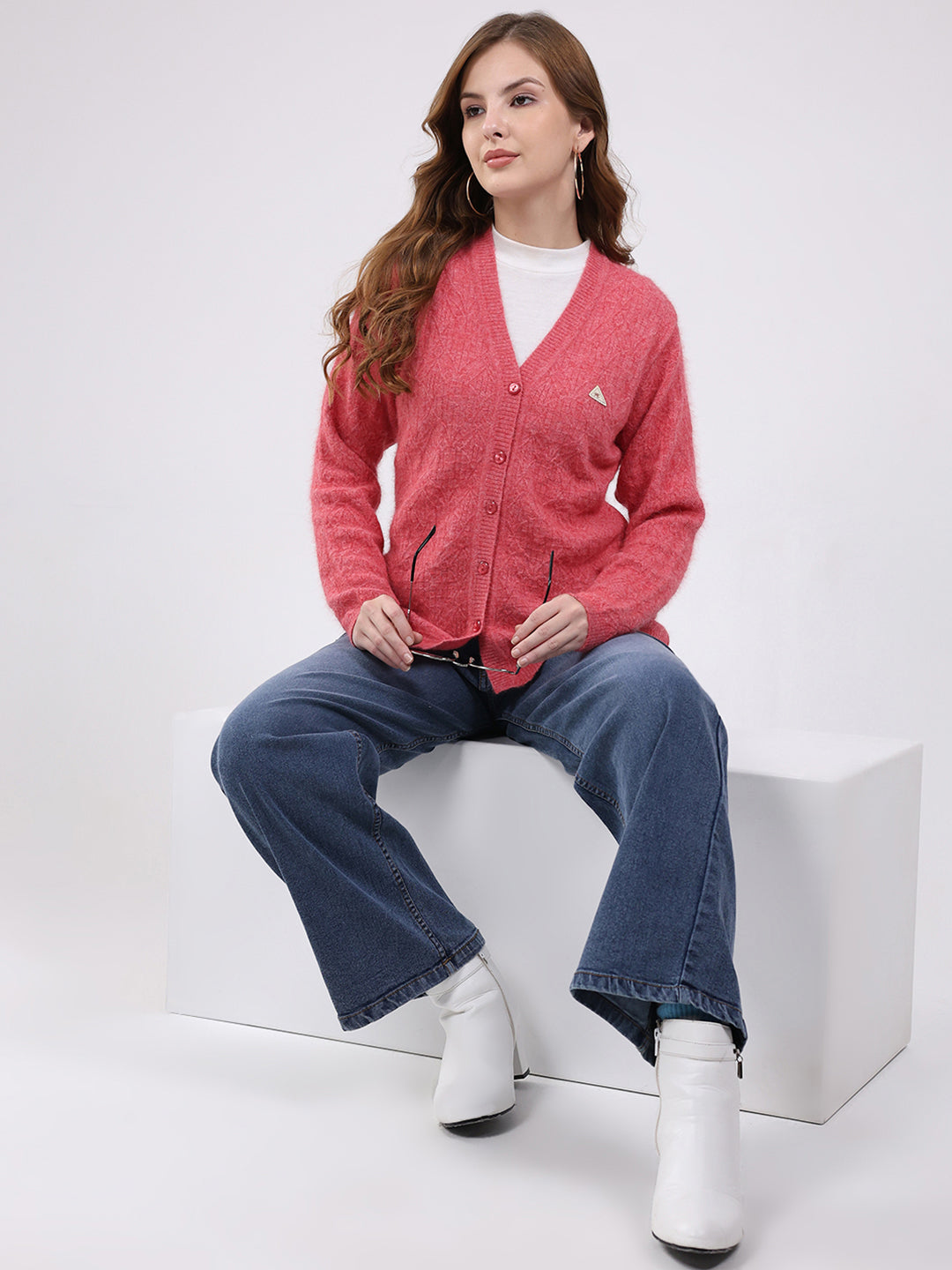 Women Rose Pink Self Design V Neck Full Sleeve Cardigan