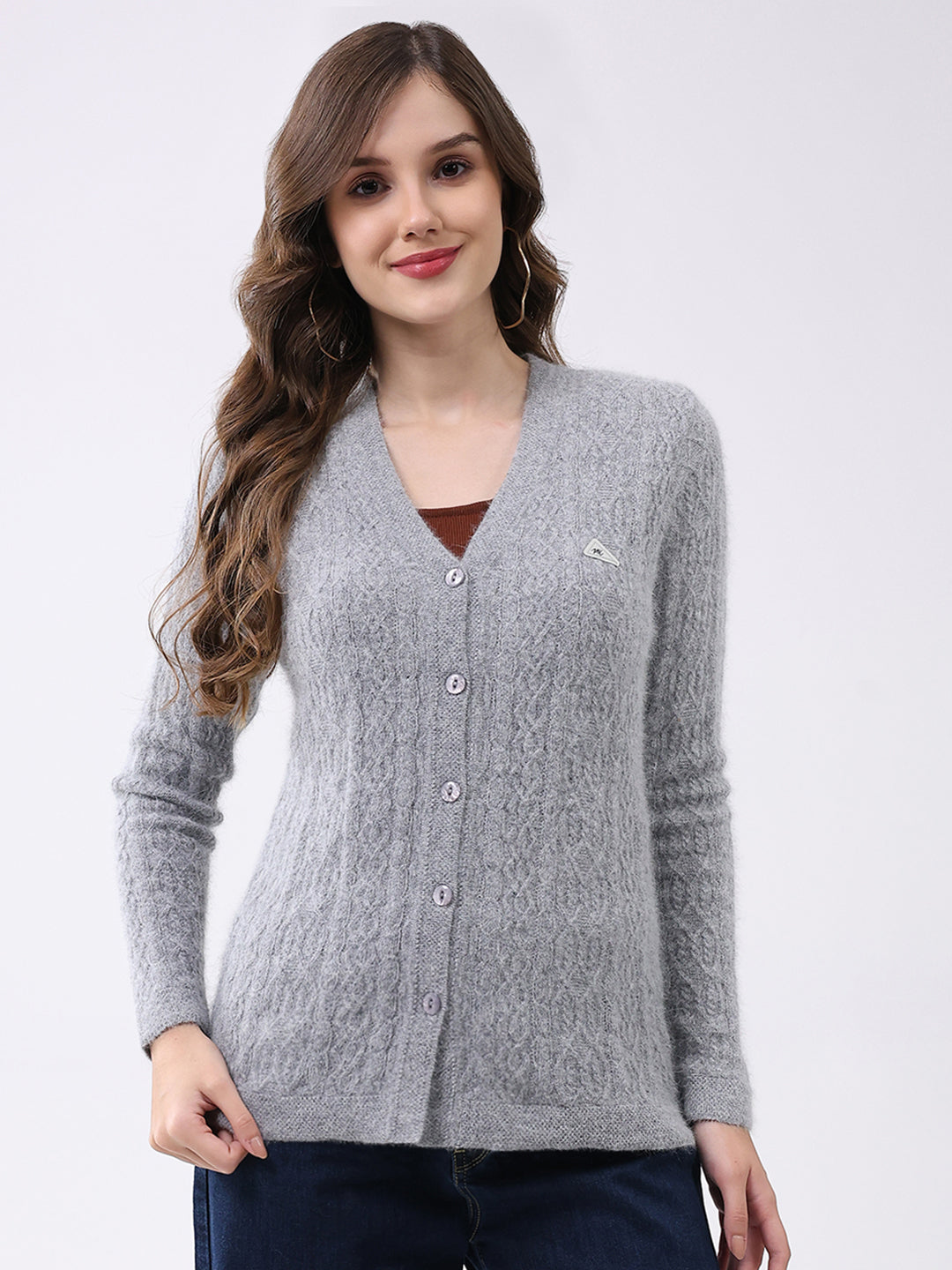 Women Light Grey Self Design V Neck Full Sleeve Cardigan