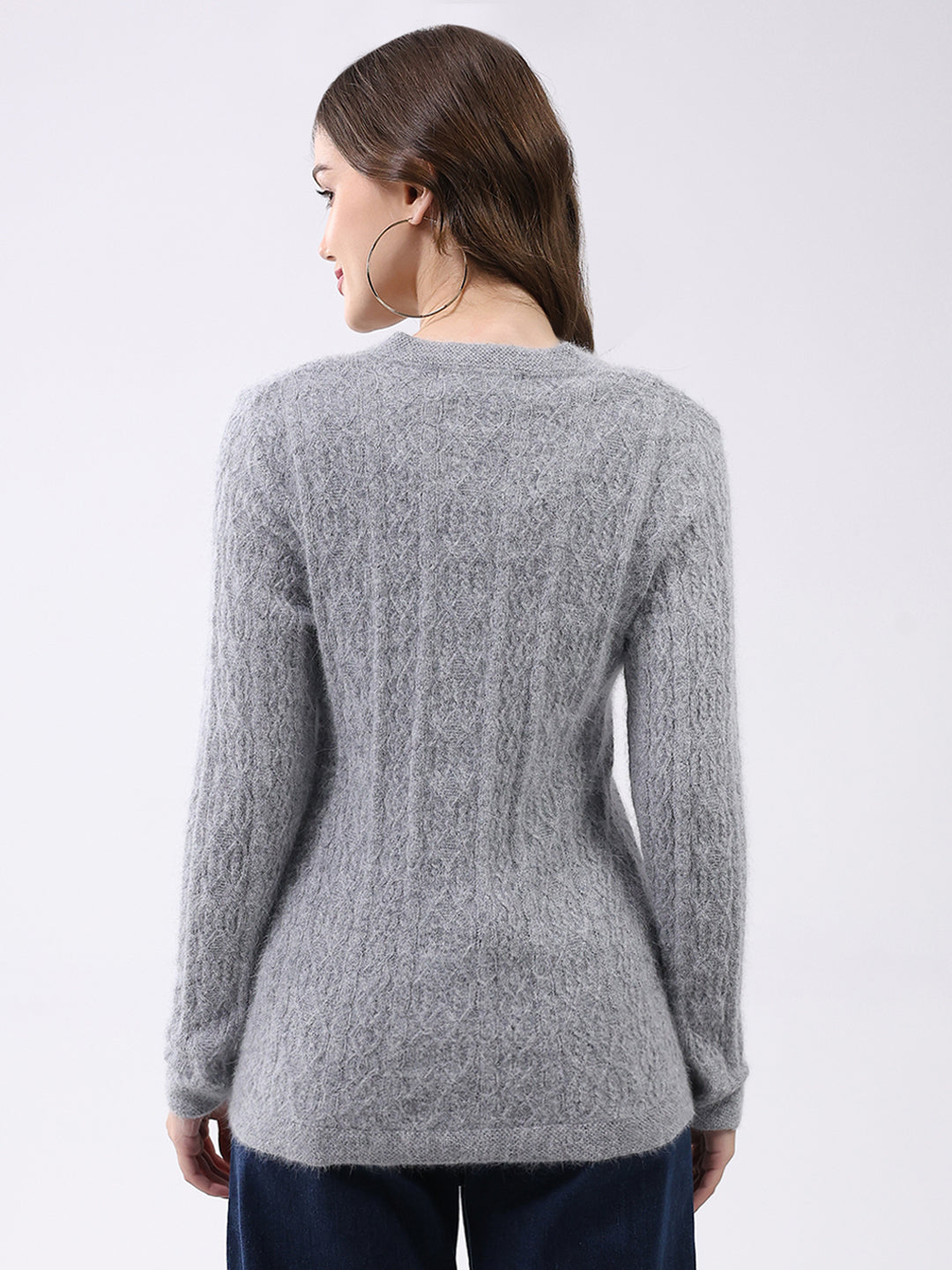Women Light Grey Self Design V Neck Full Sleeve Cardigan