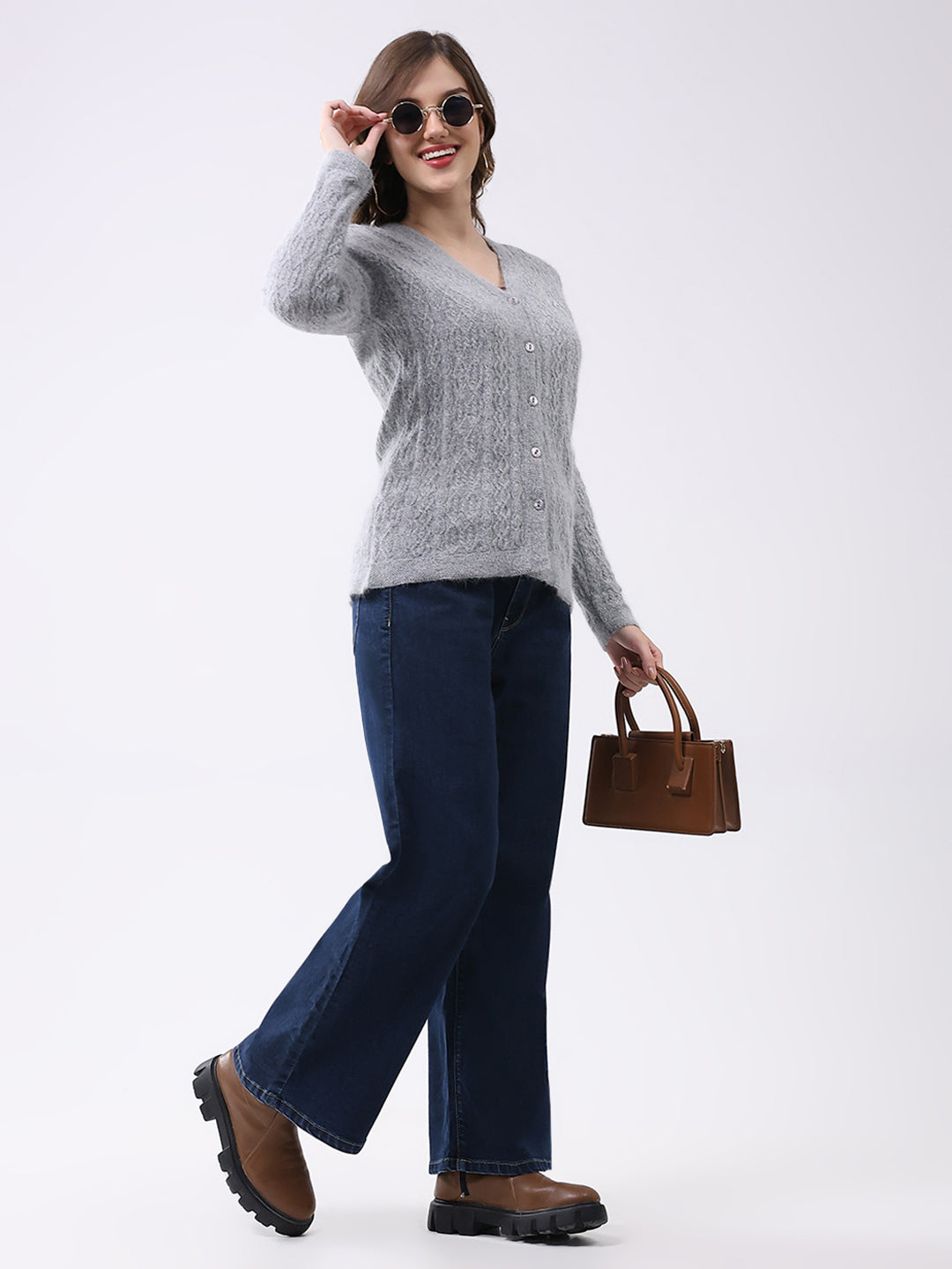 Women Light Grey Self Design V Neck Full Sleeve Cardigan