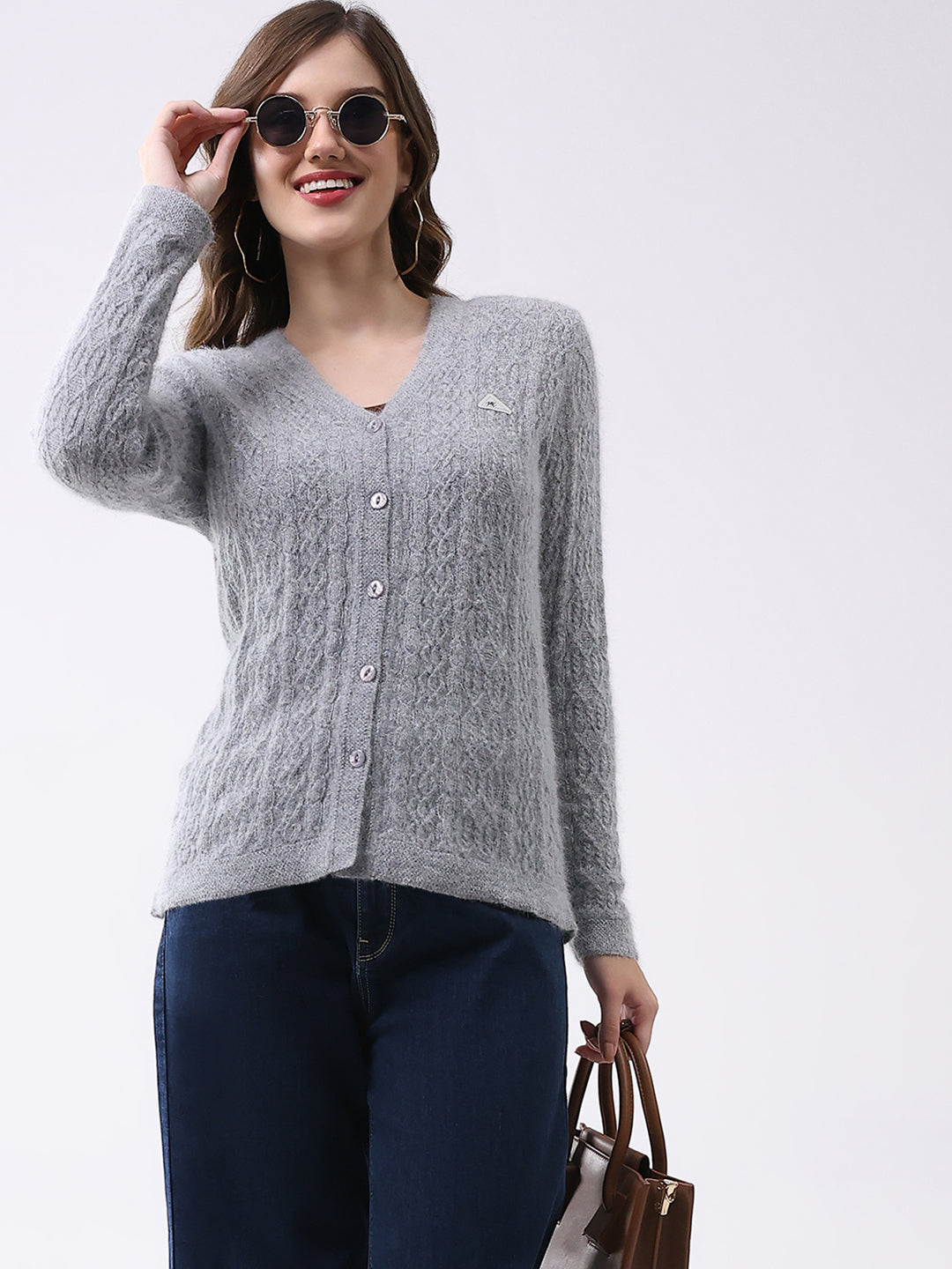 Women Light Grey Self Design V Neck Full Sleeve Cardigan