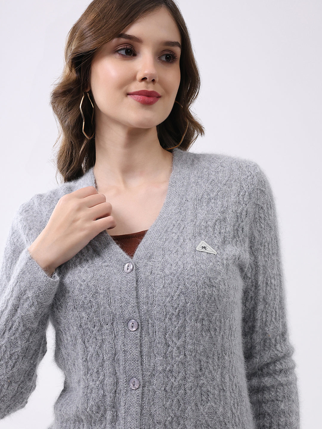 Women Light Grey Self Design V Neck Full Sleeve Cardigan