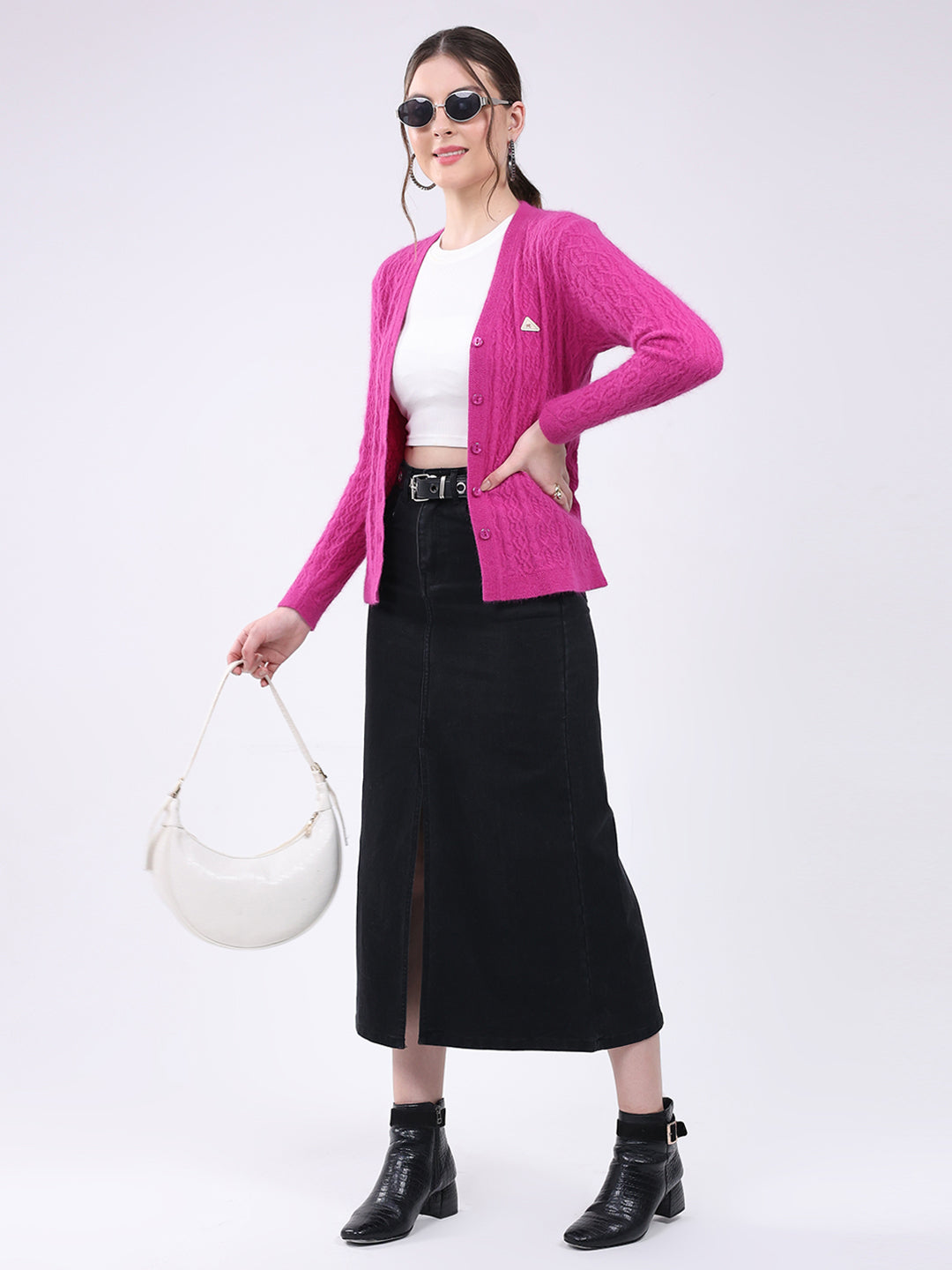 Women Magenta Self Design V Neck Full Sleeve Cardigan