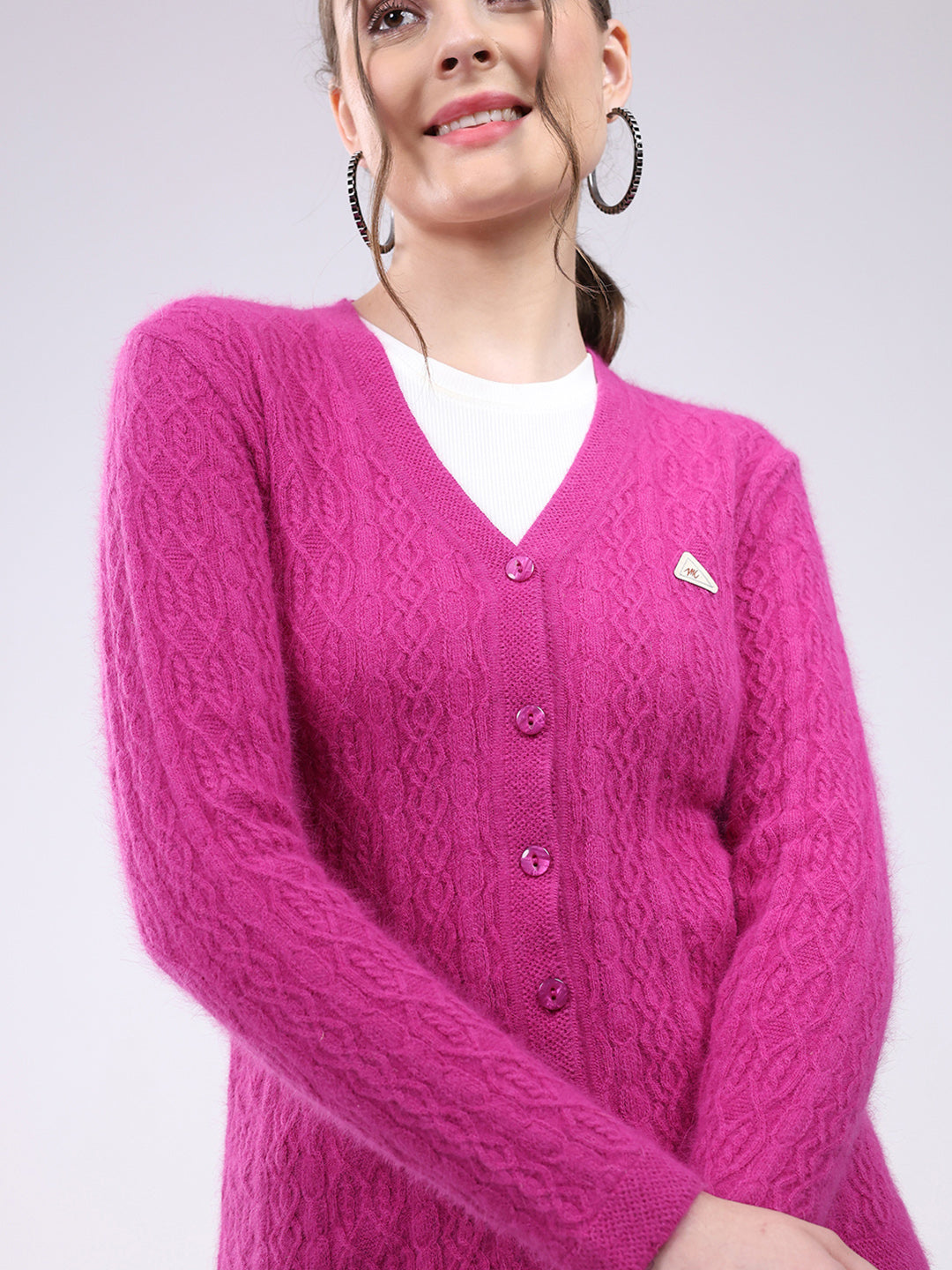 Women Magenta Self Design V Neck Full Sleeve Cardigan