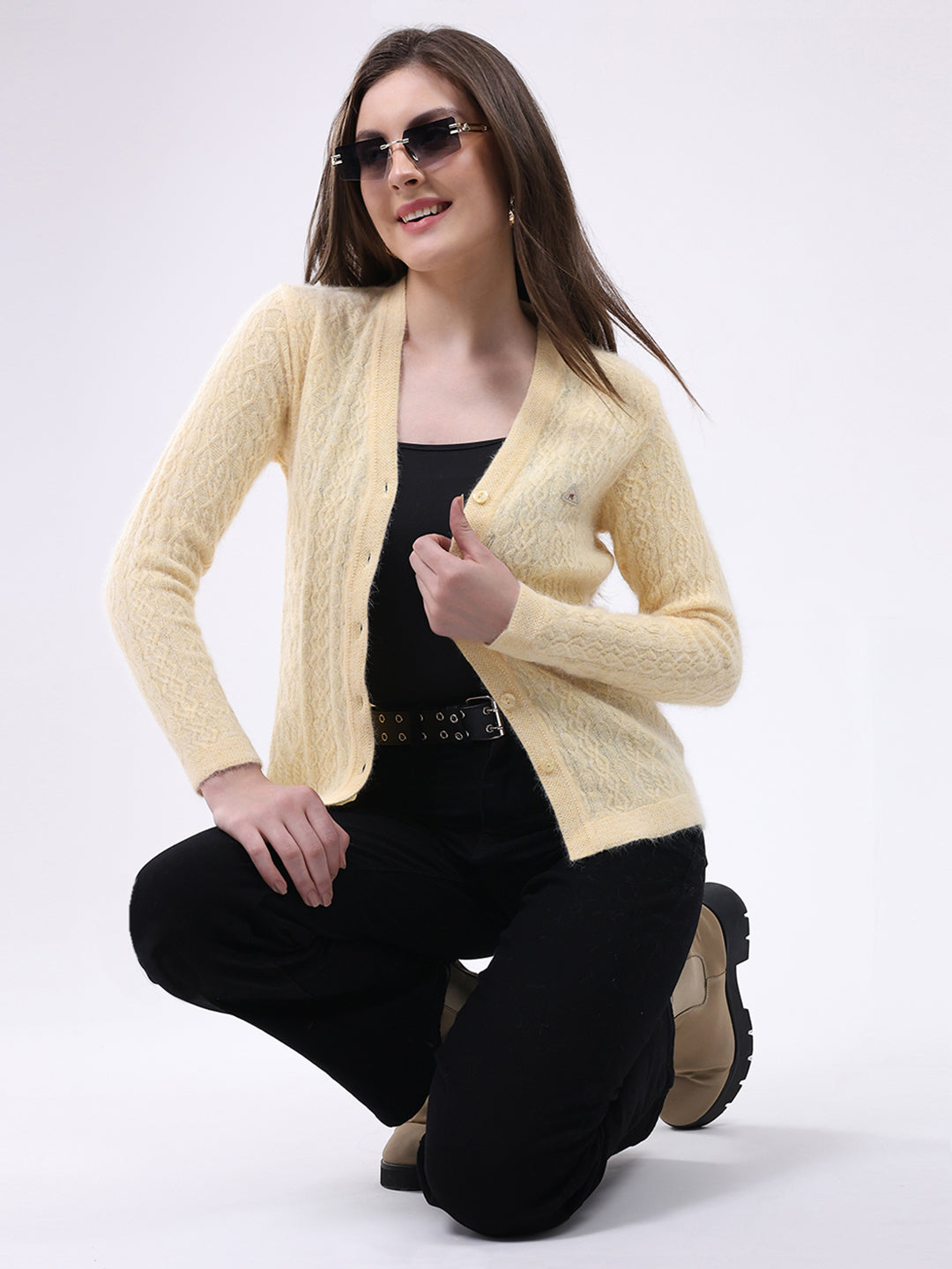 Women Yellow Self Design V Neck Full Sleeve Cardigan