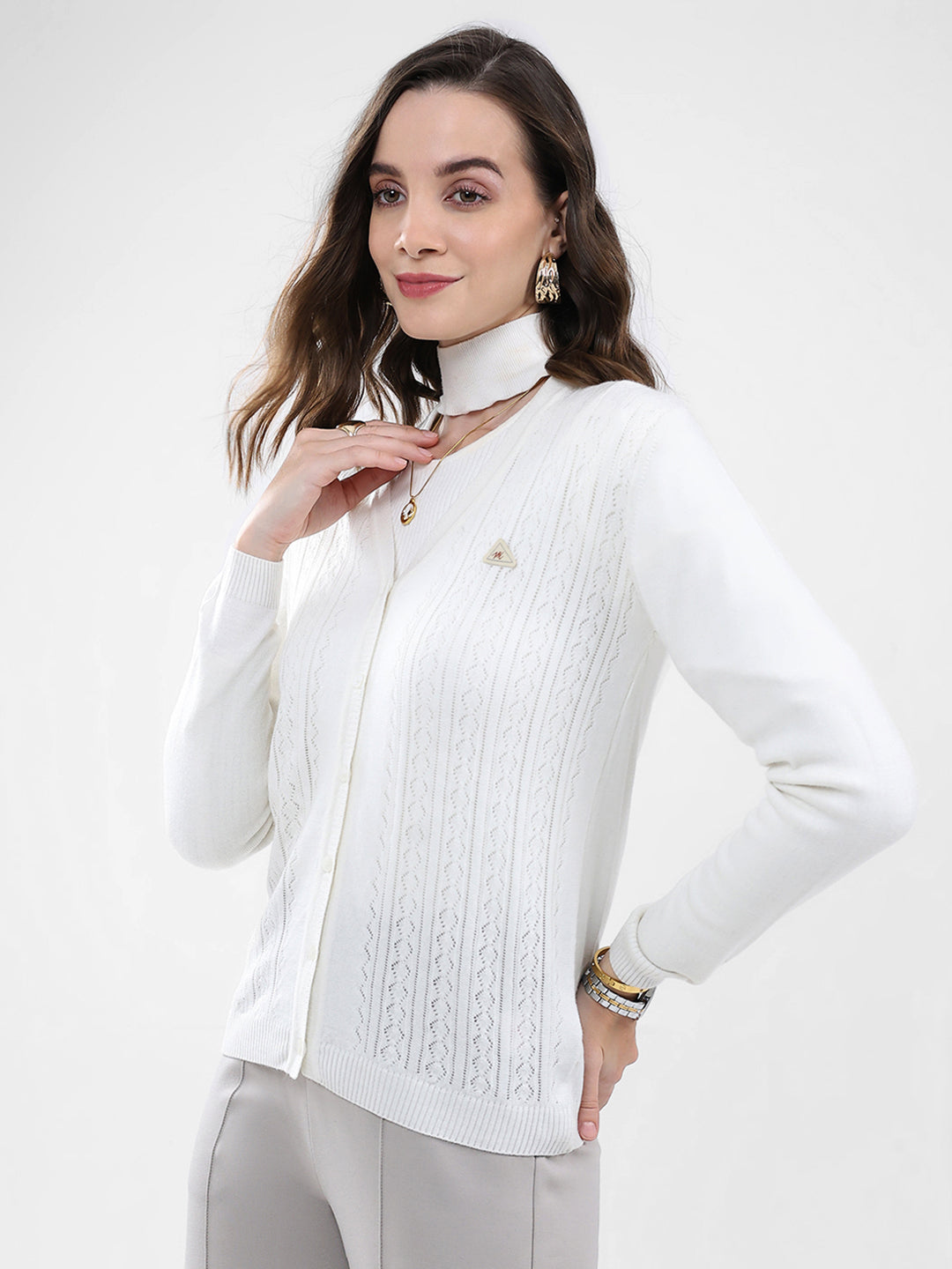 Women White Self Design V Neck Full Sleeve Cardigan