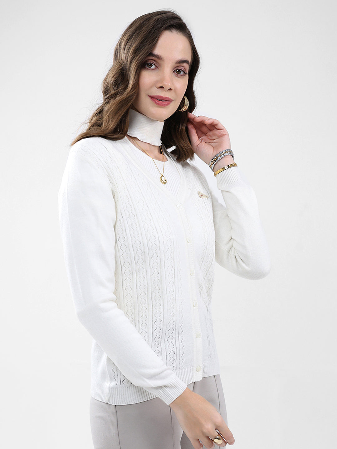 Women White Self Design V Neck Full Sleeve Cardigan