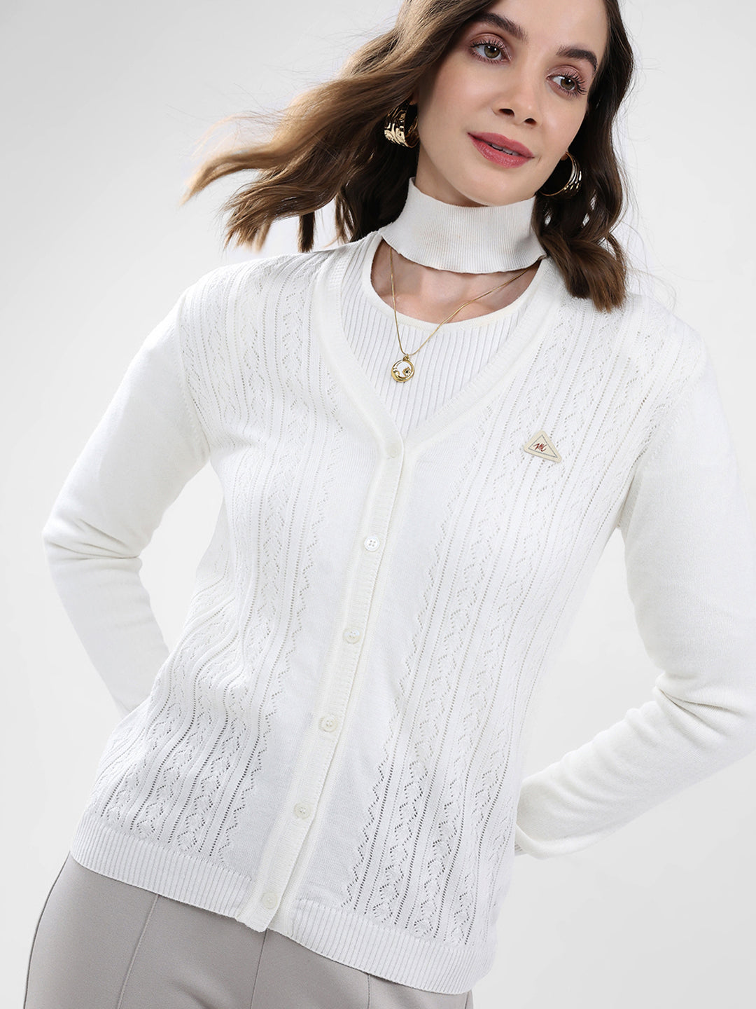 Women White Self Design V Neck Full Sleeve Cardigan