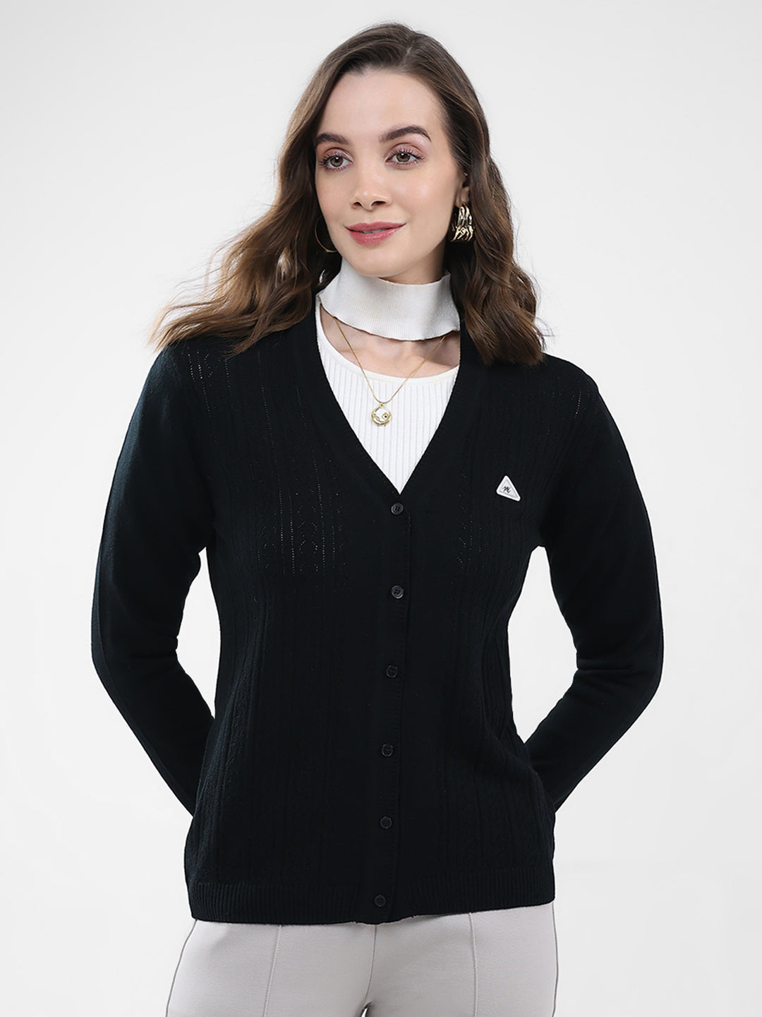 Women Black Self Design V Neck Full Sleeve Cardigan