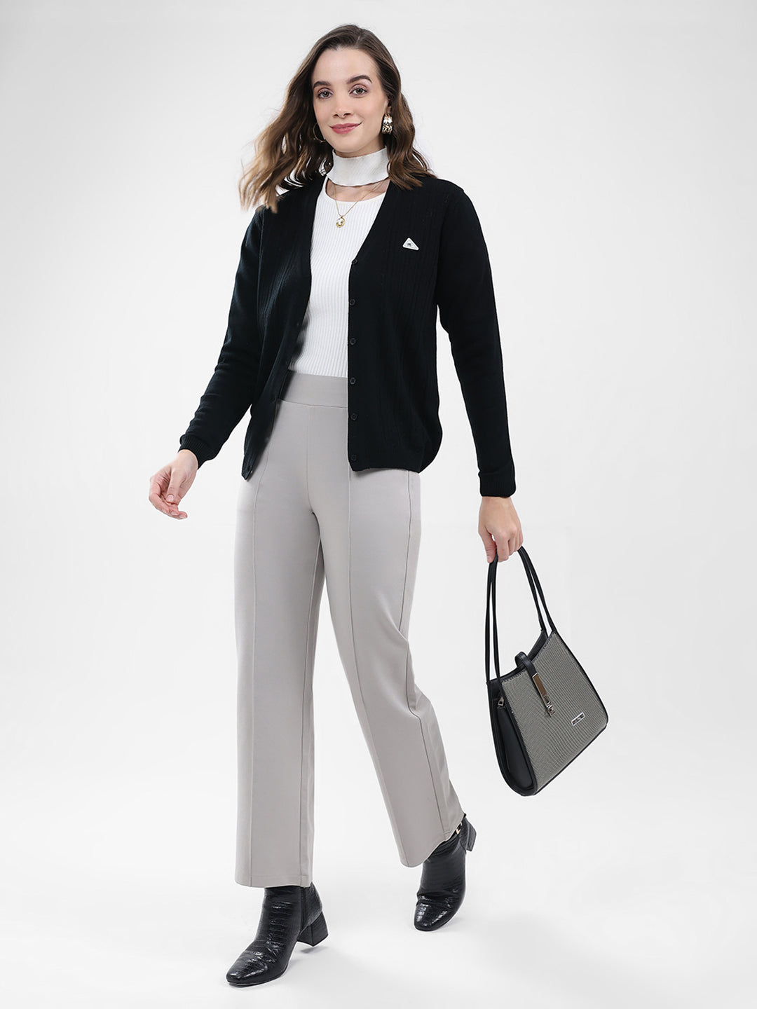 Women Black Self Design V Neck Full Sleeve Cardigan