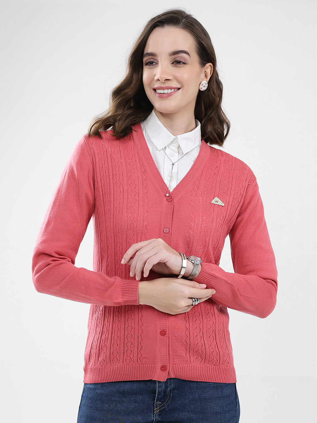 Women Pink Self Design V Neck Full Sleeve Cardigan