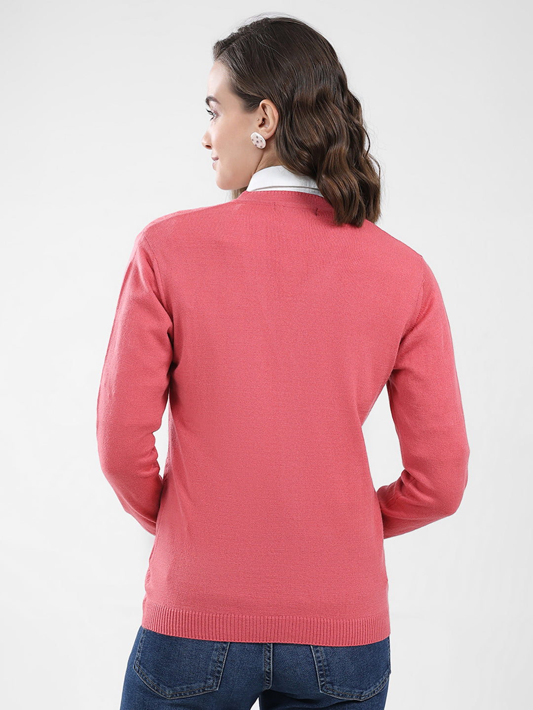 Women Pink Self Design V Neck Full Sleeve Cardigan
