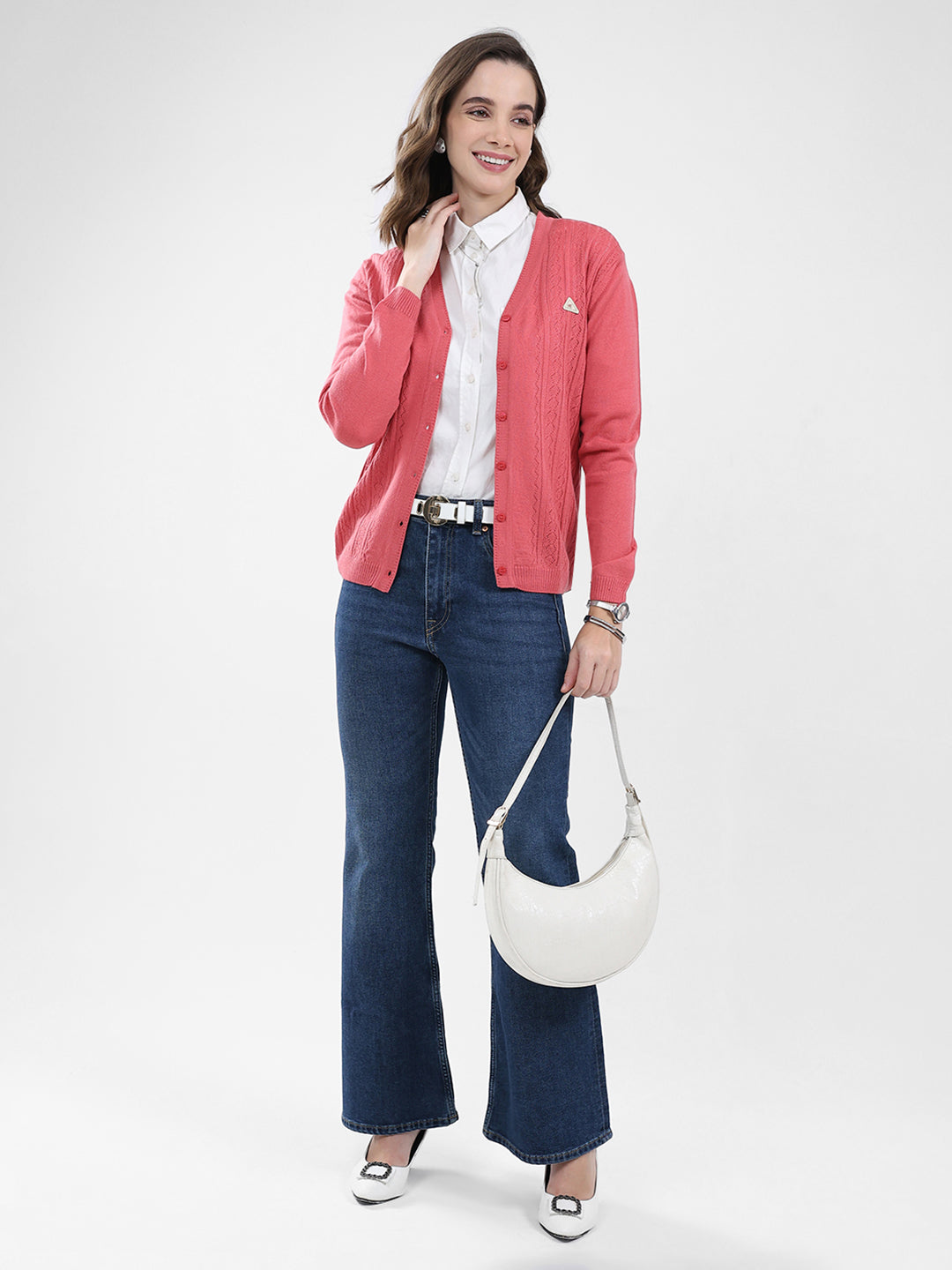 Women Pink Self Design V Neck Full Sleeve Cardigan