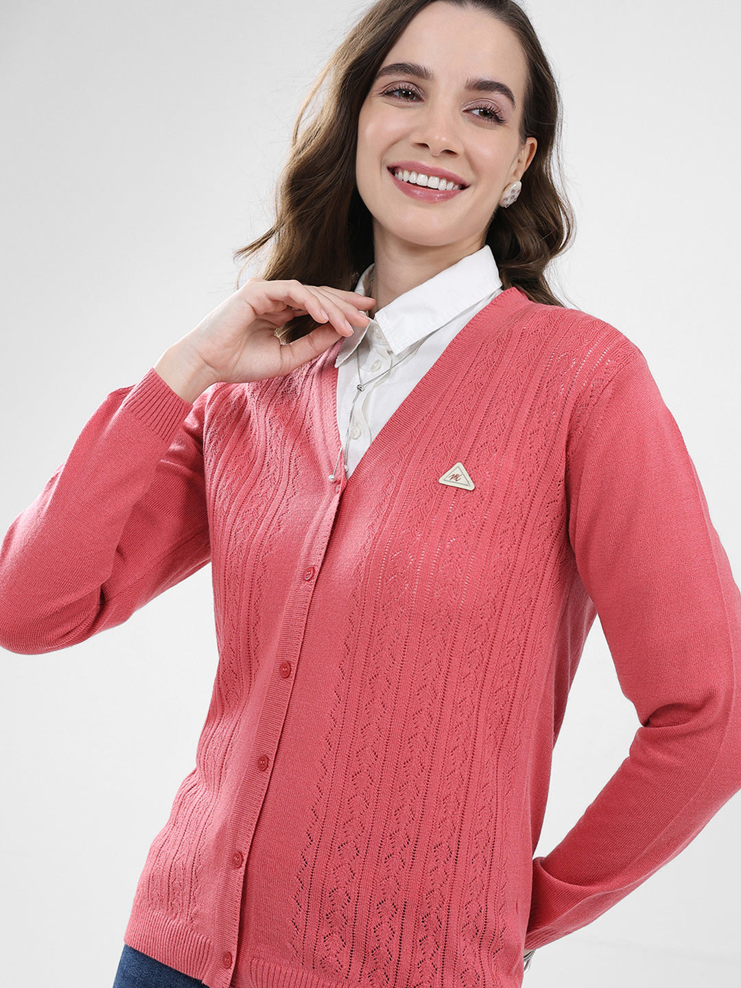 Women Pink Self Design V Neck Full Sleeve Cardigan