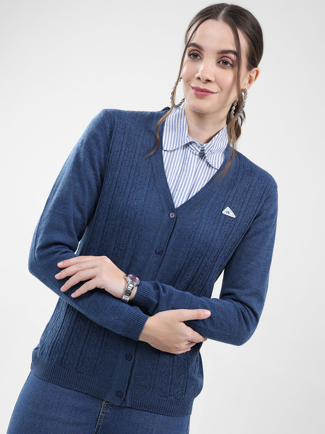 Women Blue Self Design V Neck Full Sleeve Cardigan