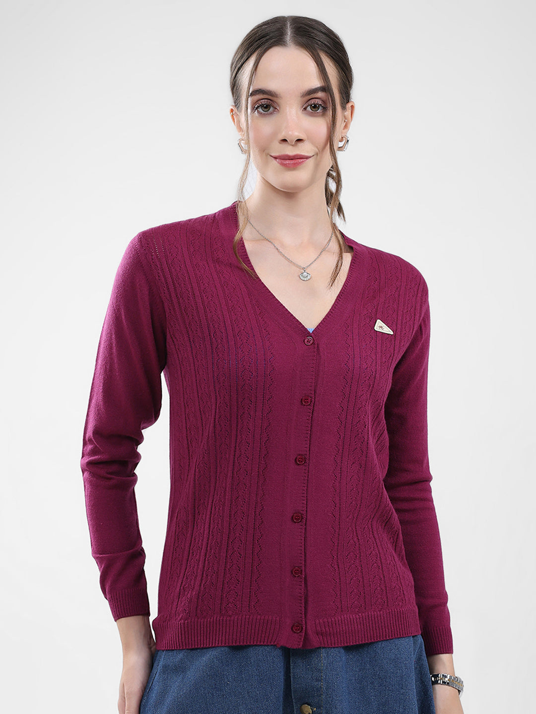 Women Magenta Self Design V Neck Full Sleeve Cardigan